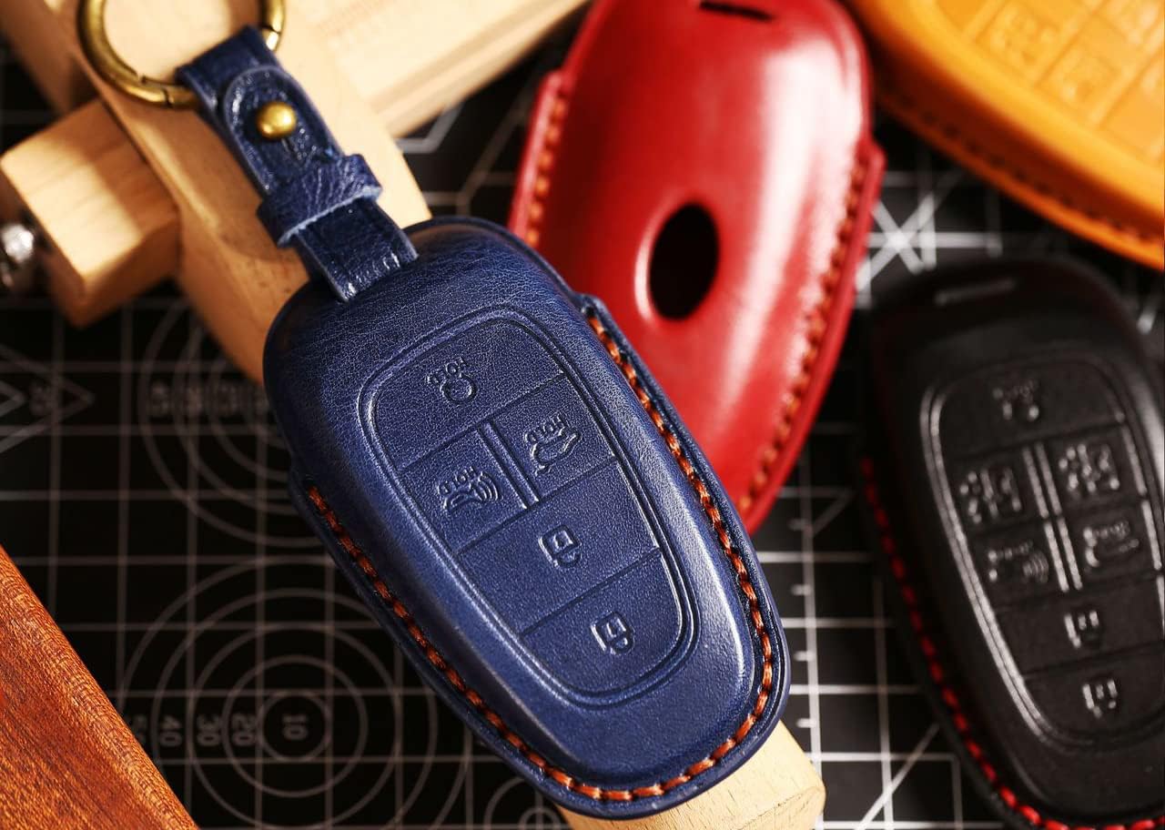 ontto Compatible con Hyundai Sonata Santa Fe Tucson – Funda de cuero para llaves con llavero de protección completa (7 botones, azul), Azul