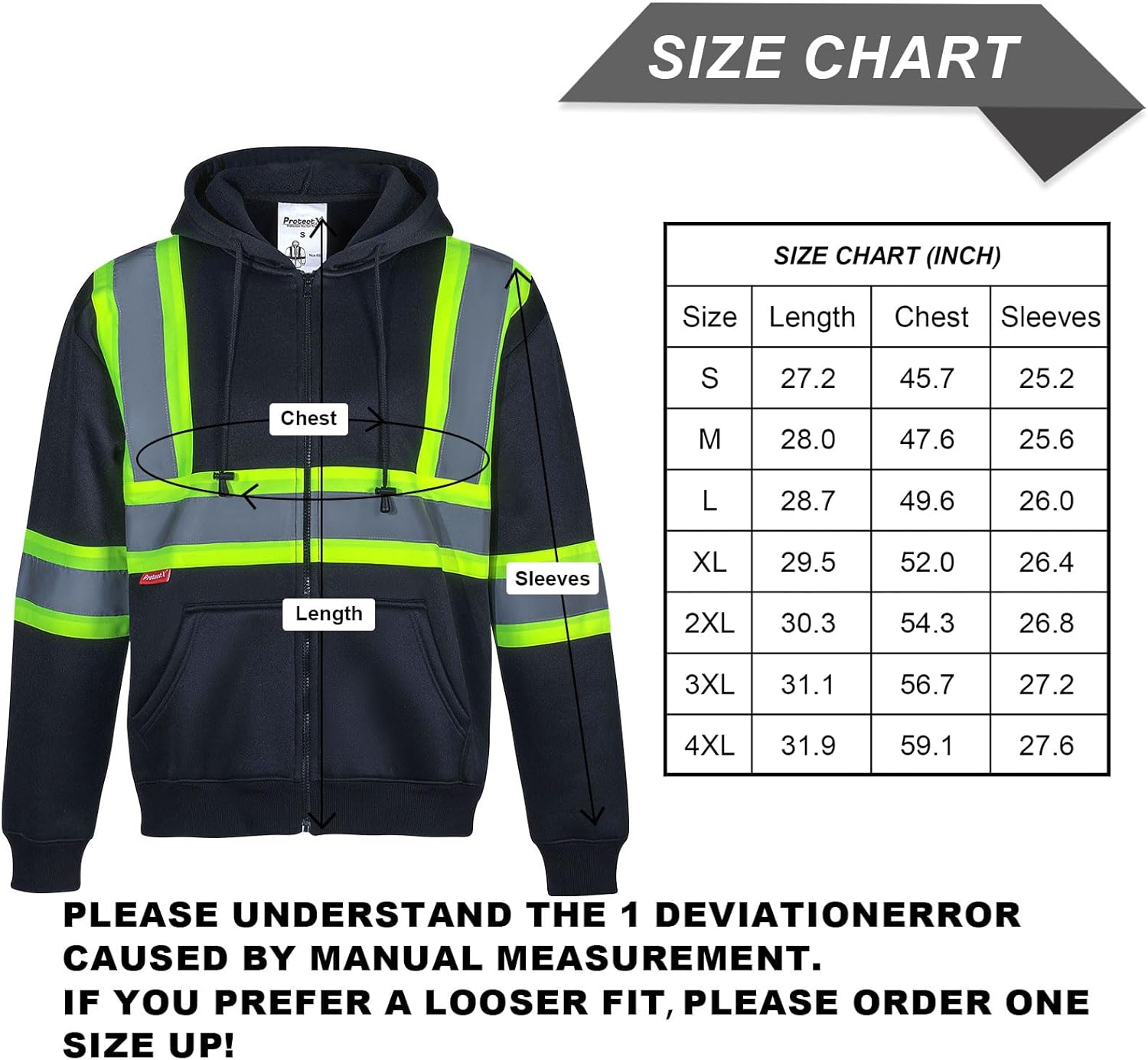 ProtectX Sudadera de seguridad de alta visibilidad clase 3 para hombre, sudadera reflectante con bolsillo grande para construcción y trabajo