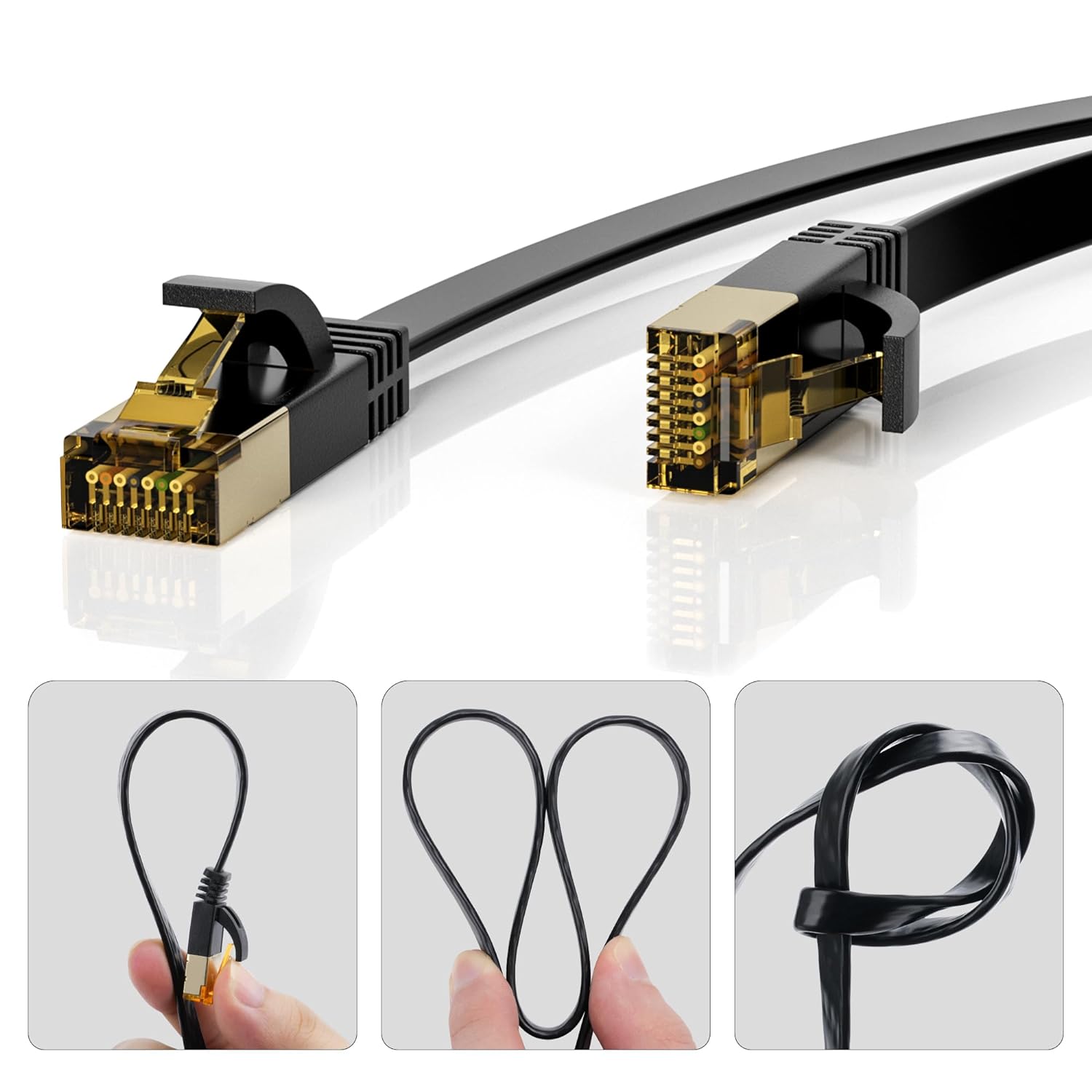 Cable Ethernet Cat 7 de 100 pies, Cat7 plano de alta velocidad de 10 Gbps 600 MHz blindado de red de Internet cable negro, cable LAN RJ45 ultra