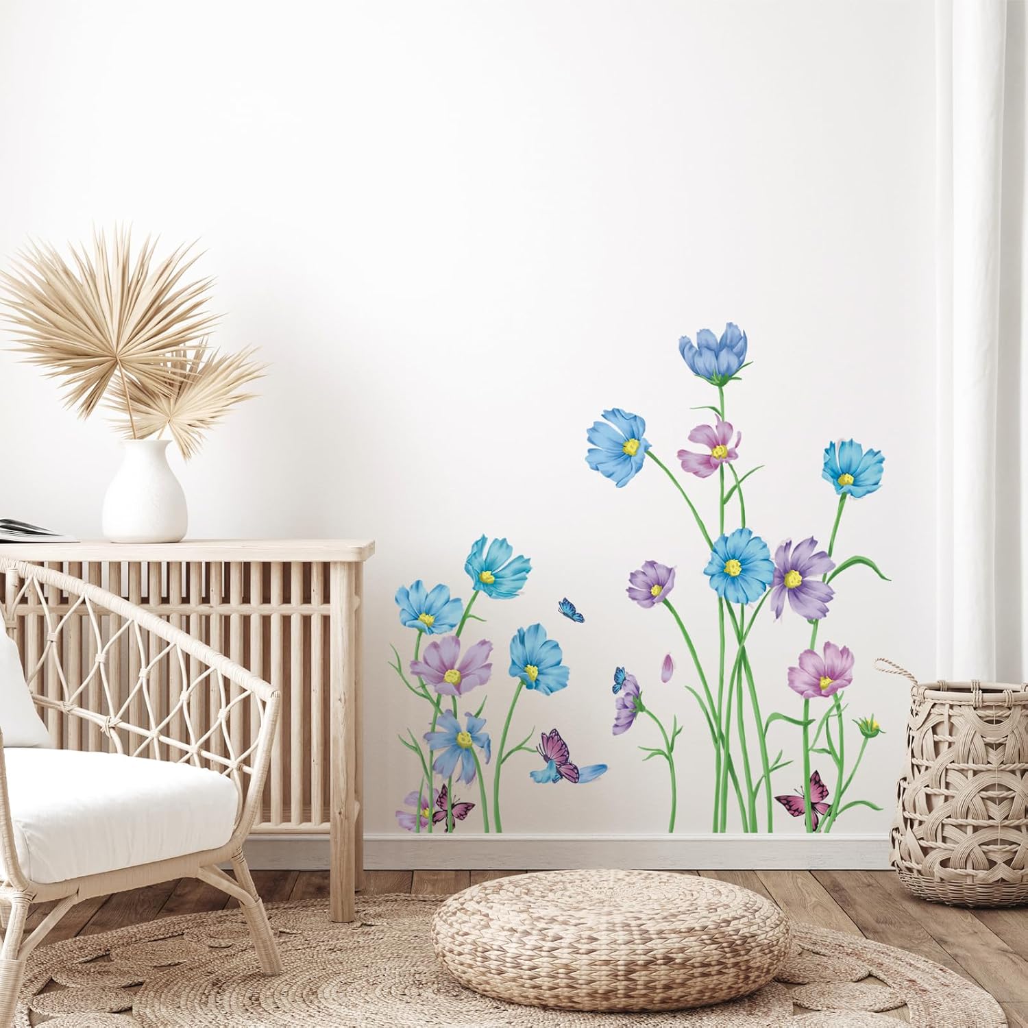 Calcomanías de pared de flores azules y moradas, calcomanías de pared de flores de jardín de flores de mariposa, calcomanía de arte de pared para