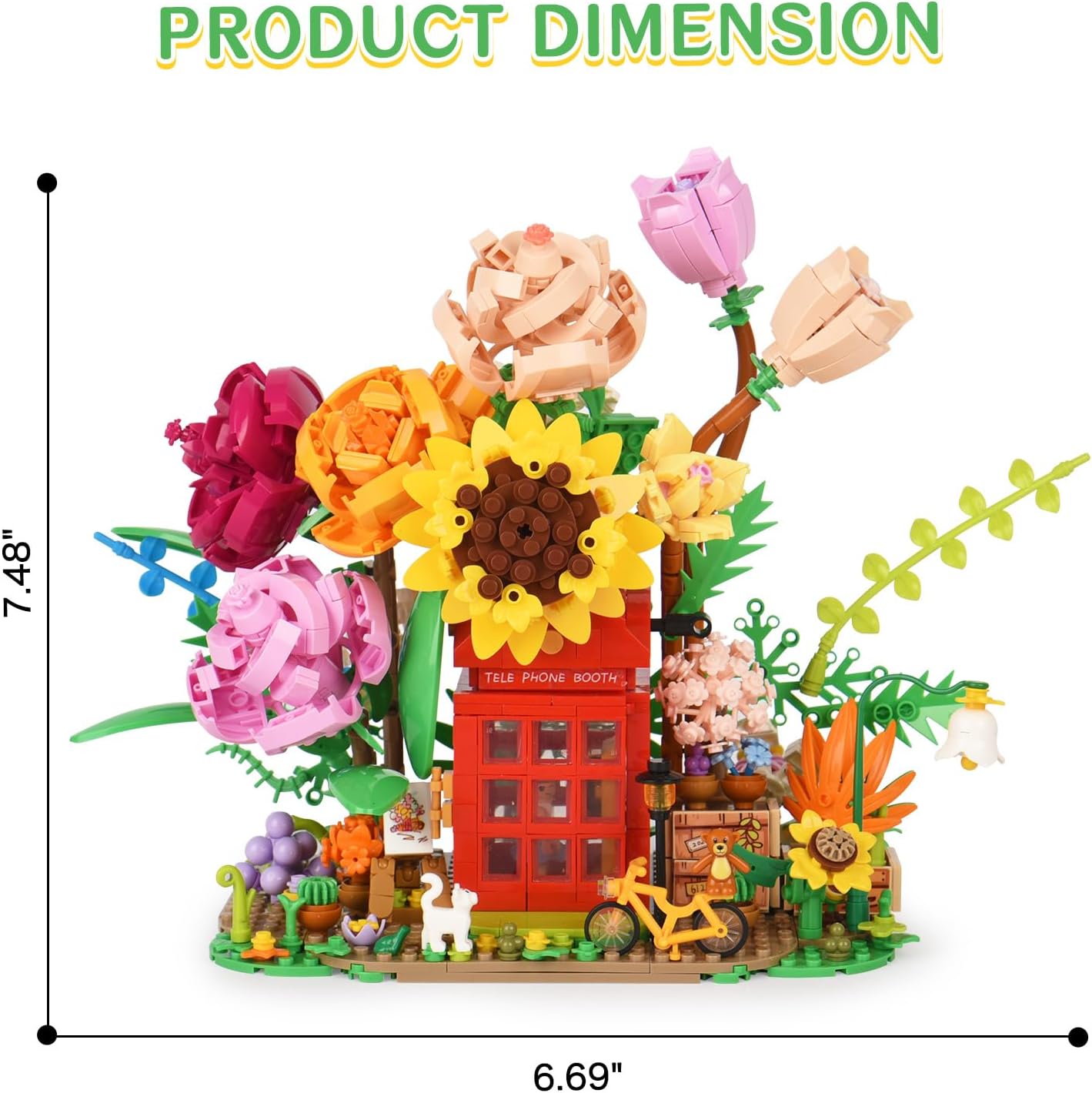 Allhero Juego de construcción de ramo de rosas con cabina telefónica, bicicleta, lindo animal, kit de construcción de ramo de flores coloridas para