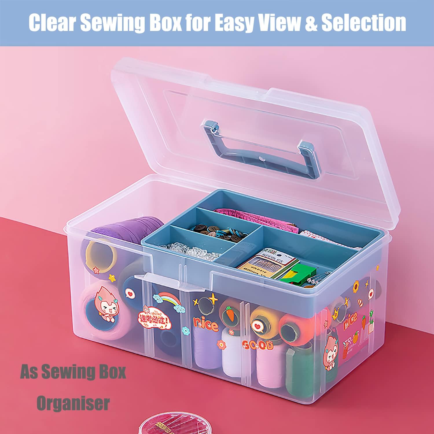 Caja organizadora de suministros de plástico transparente para artes y manualidades, caja grande con una bandeja extraíble, una partición y asa,