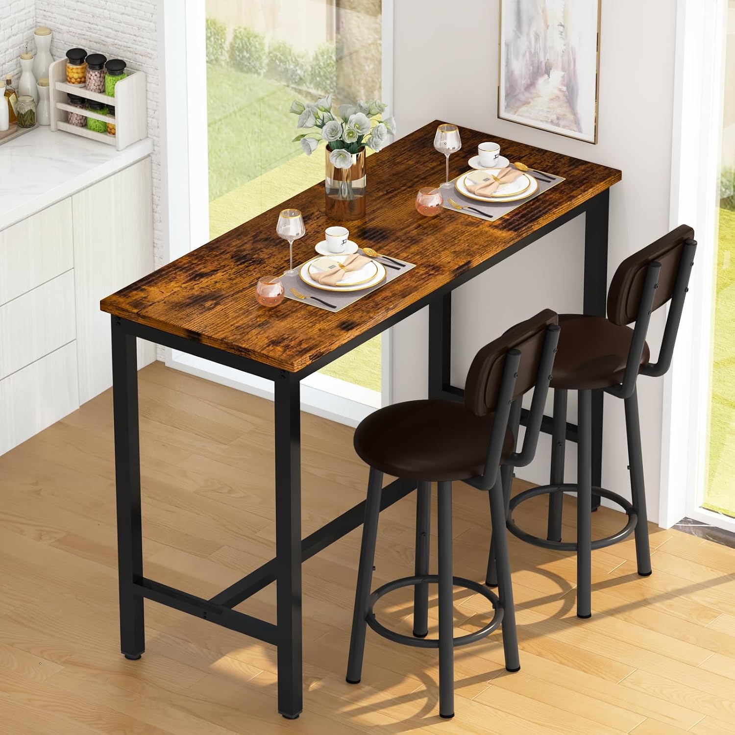 Lamerge Mesa industrial de altura de pub con 2 taburetes tapizados de poliuretano, mesa de cocina y sillas de 3 piezas, apto para comedor, sala de