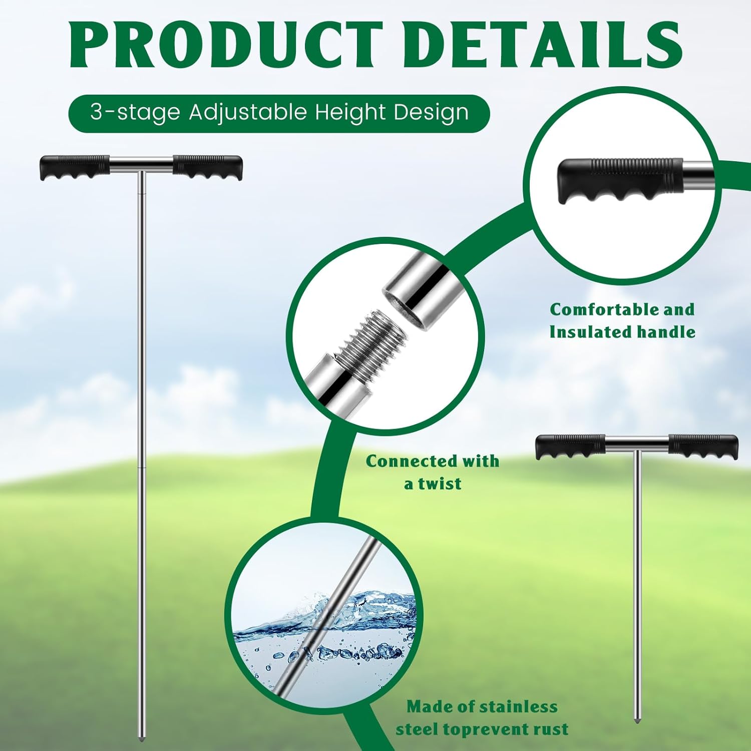 Zonon 2 piezas de sonda de acero inoxidable para tierra de 32 a 48 pulgadas, herramienta localizadora de tanque séptico ajustable, varilla de sonda