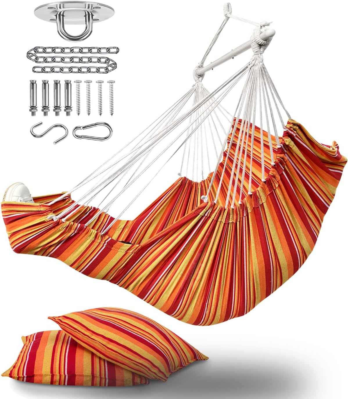Silla hamaca colgante grande con reposapiés y herrajes, máximo 500 libras, barra de extensión de acero con antideslizante, 2 cojines y bolsillo