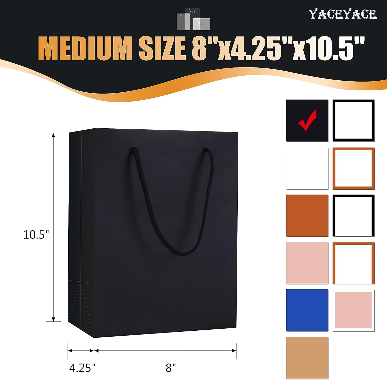 YACEYACE Bolsas de regalo negras de tamaño mediano, 10 unidades de 8 x 4.25 x 10 pulgadas, bolsas de regalo negras medianas con asas de cinta,