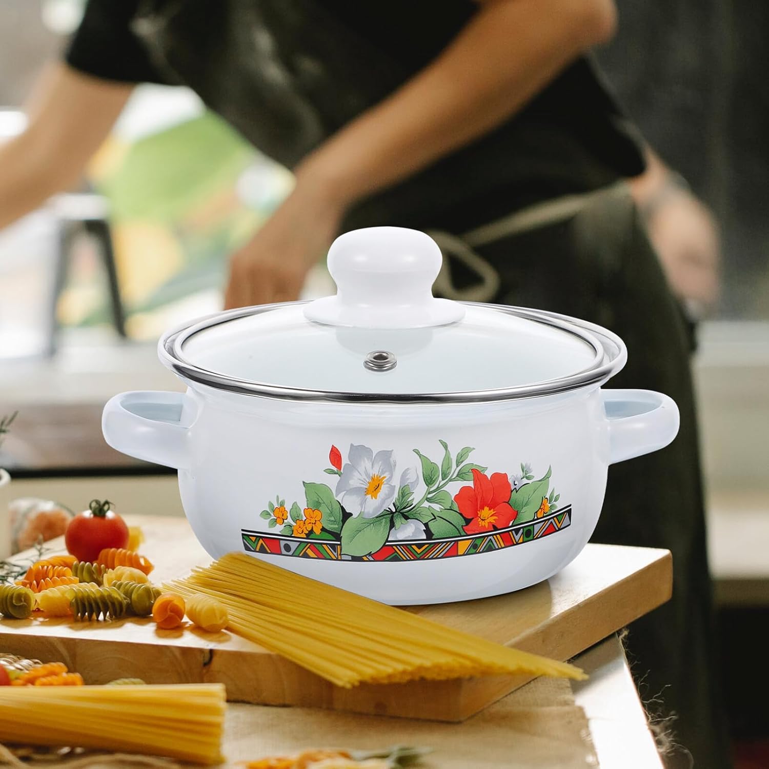 UPKOCH Olla de cocina esmaltada con tapa, olla de cocina retro antiadherente, olla de sopa floral a fuego lento para inducción, olla de pasta para