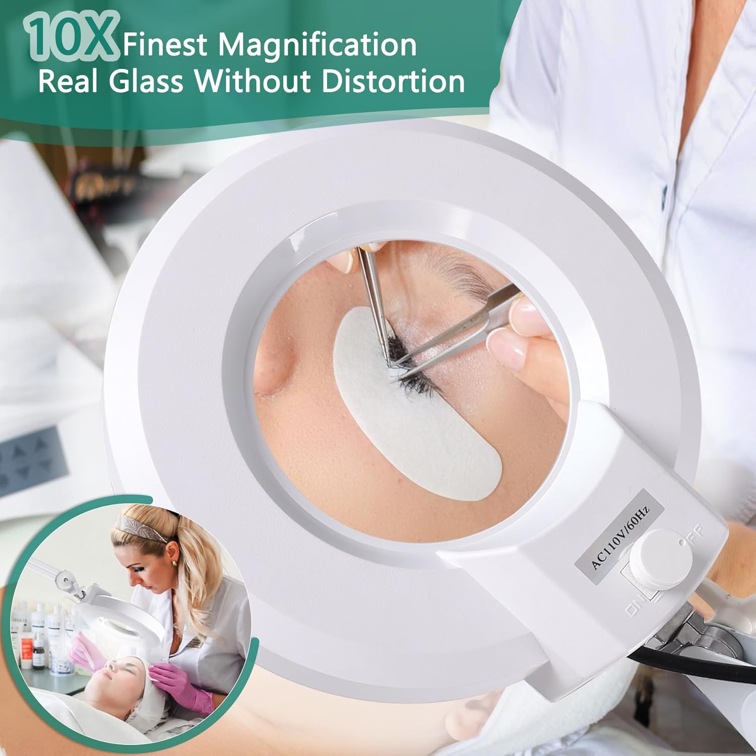 Lupa 10X con luz y soporte, lámpara de pie con base rodante de 5 ruedas para tratamientos faciales esteticistas de pestañas, 1,500 lúmenes regulable