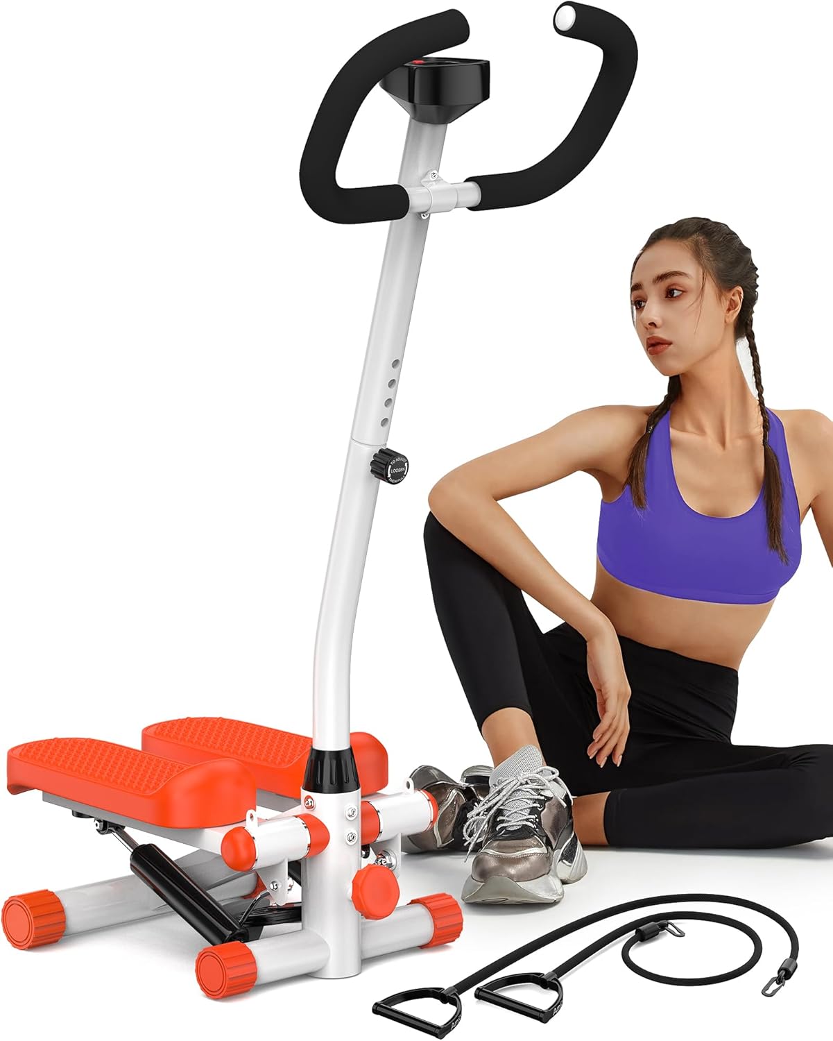 Amicus Mini Stepper for Exercise, Adjustable Pedal Height Hydraulic Stair Stepper with Resistance Bands for Home with Digital Monitor, 330lbs Weight