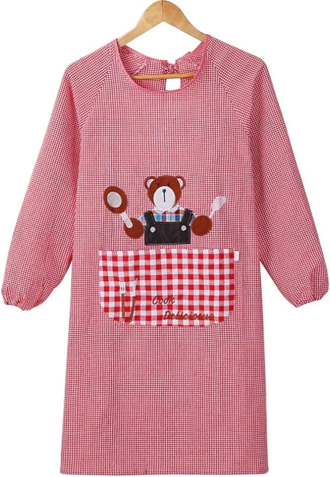 Gieyhm Delantal de manga larga a rayas a cuadros con bolsillos Delantal de cocina impermeable para cocinar y hornear