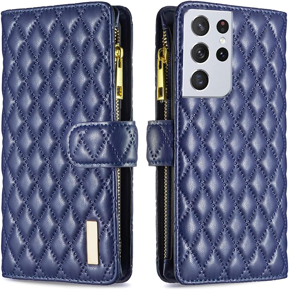 Asuwish Funda de teléfono para Samsung Galaxy S21 Ultra 5G Funda tipo cartera con protector de pantalla de vidrio templado y tarjetero de cuero con