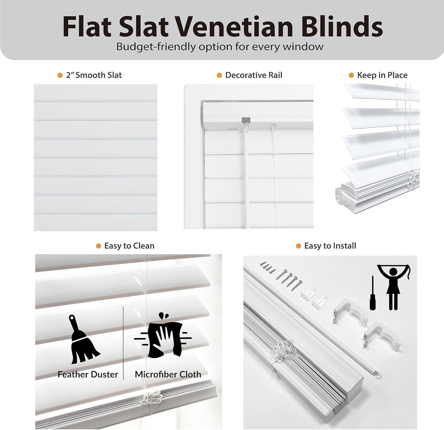 DEZ FURNISHINGS Persiana veneciana de listones planos sin cordón de 2 pulgadas, 58.5 pulgadas de ancho x 48 pulgadas de alto, blanco