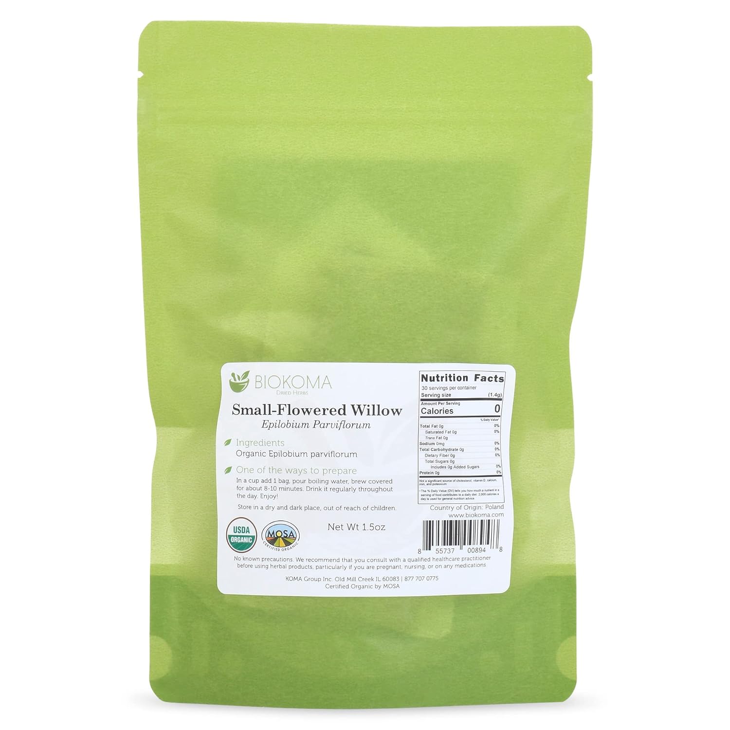 Pure and Organic Biokoma – Epilobio de sauce de flores pequeñas, hierbas secas parviflorum, 30 bolsas de té de 1.5 onzas en bolsa resellable a