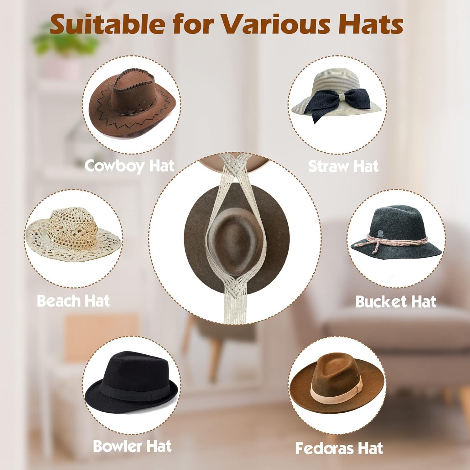 Organizador de sombreros de macramé para pared, colgadores bohemios para colgar en la pared, tejido a mano, organizador decorativo para sombreros de
