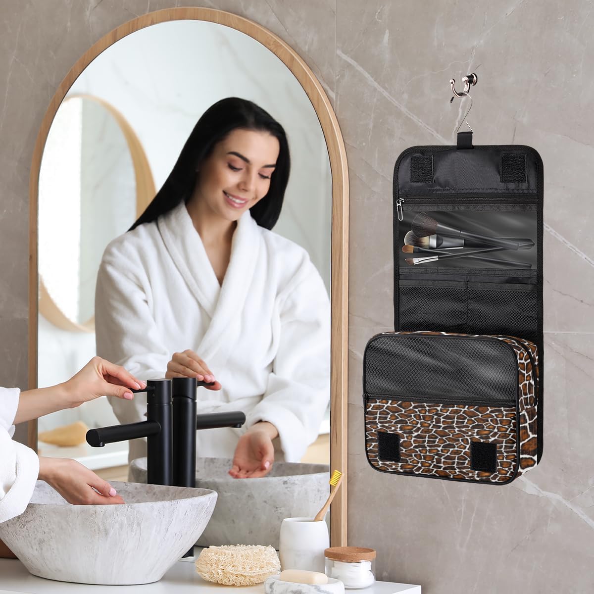 Neceser vintage de piel de jirafa para mujer, organizador de maquillaje de viaje con gancho para colgar, bolsas de cosméticos de viaje para