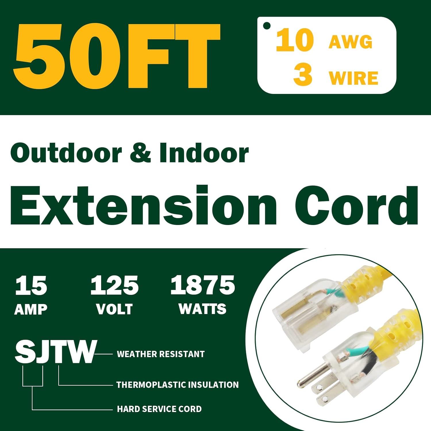 Cable de extensión iluminado para exteriores de 50 pies – Cable de extensión amarillo resistente SJTW 103 con enchufe de conexión a tierra de 3