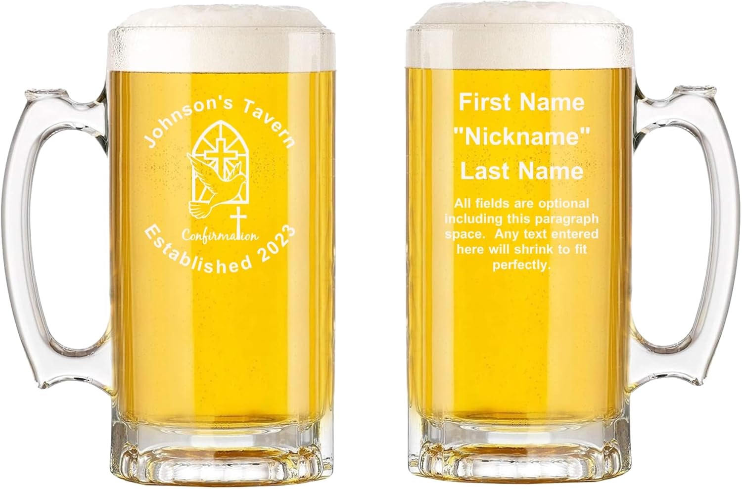 OnPro Digital Taza de cerveza de vidrio de confirmación personalizada con asa de 16 oz  85 temas para deportes, trabajos, pasatiempos, celebraciones