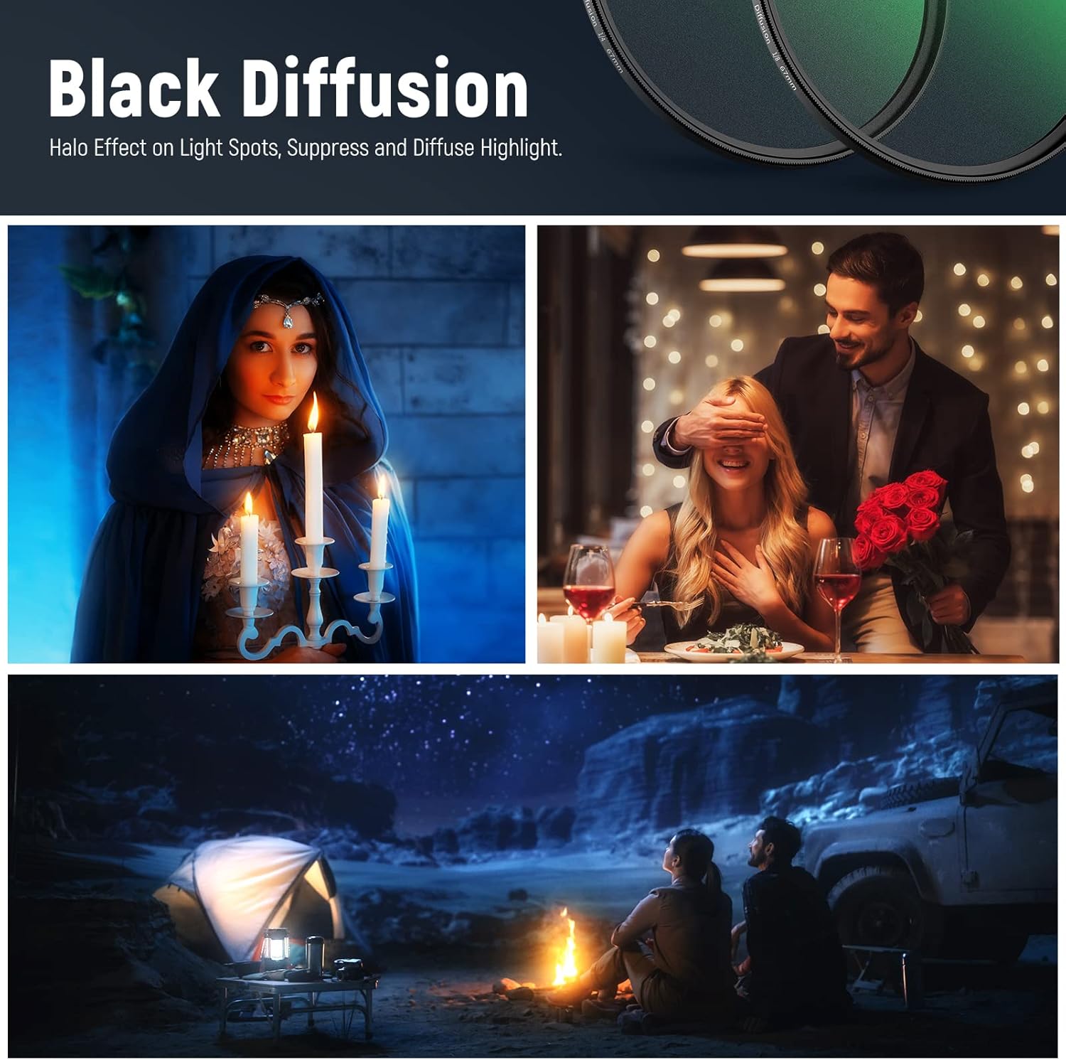 NEEWER Juego de 2 filtros de lente de difusión negra de 2.638 in, filtros de efecto cinematográfico de niebla de 14 y 18 con fundas de