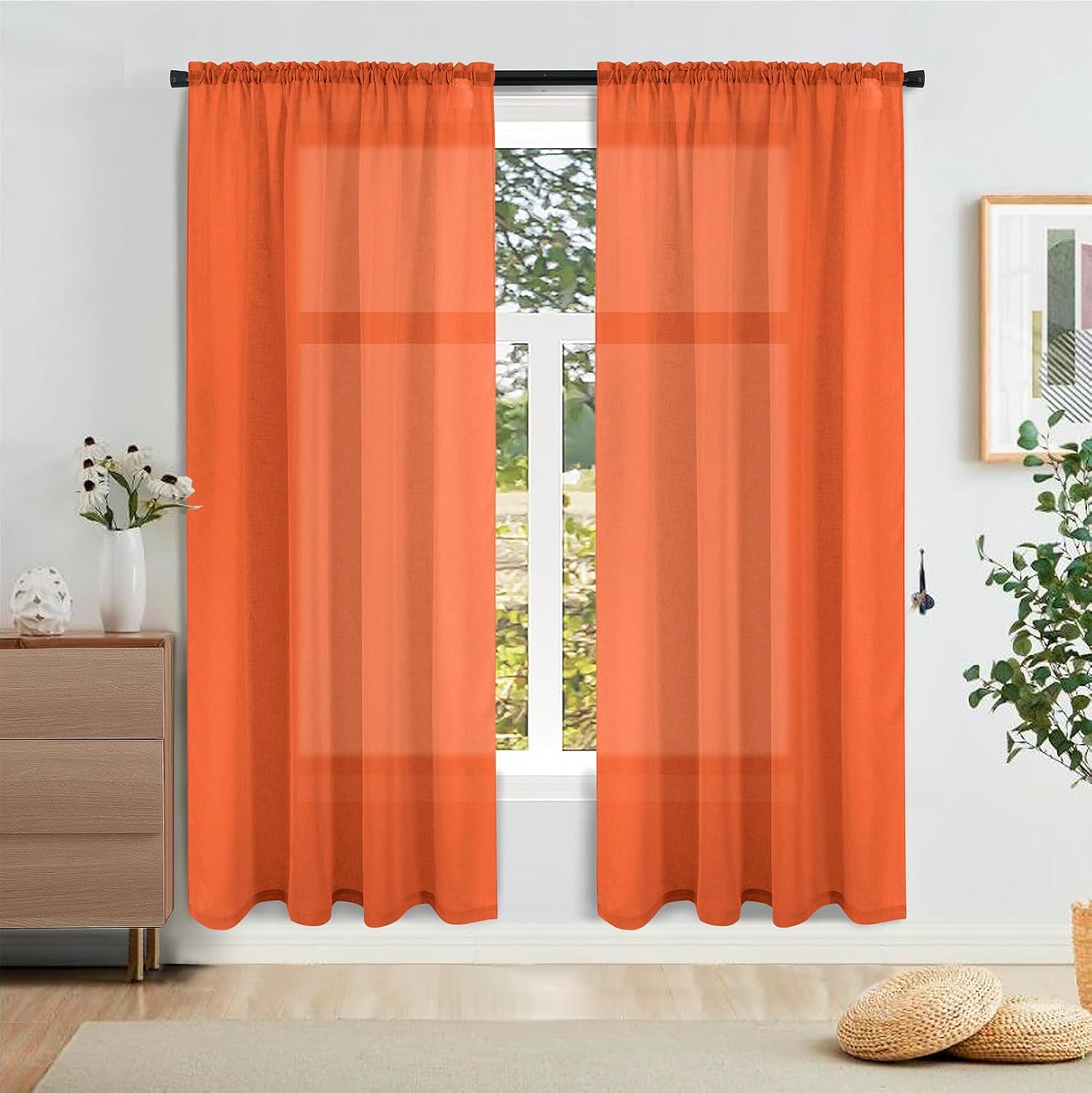 Tony’s collection Cortinas traslúcidas de lino sintético naranja de 84 pulgadas de largo para sala de estar, dormitorio, tratamiento de ventanas, 2