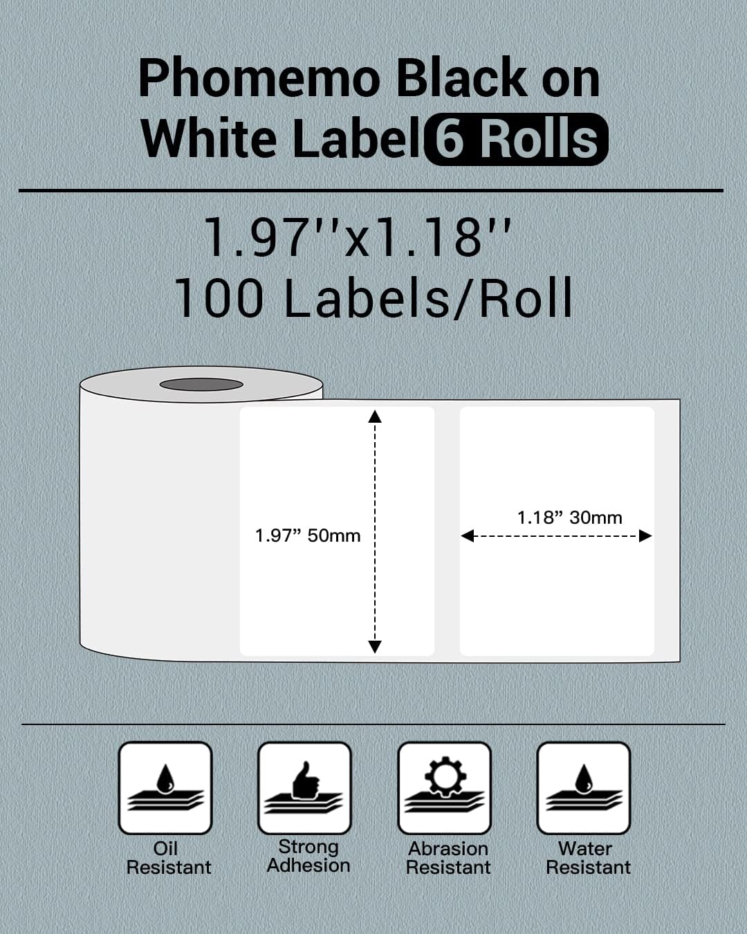Phomemo Etiqueta de 1.97 x 1.18 pulgadas, 6 rollos de papel térmico M110M110SM120M200M220, etiqueta autoadhesiva cuadrada multiusos, 230