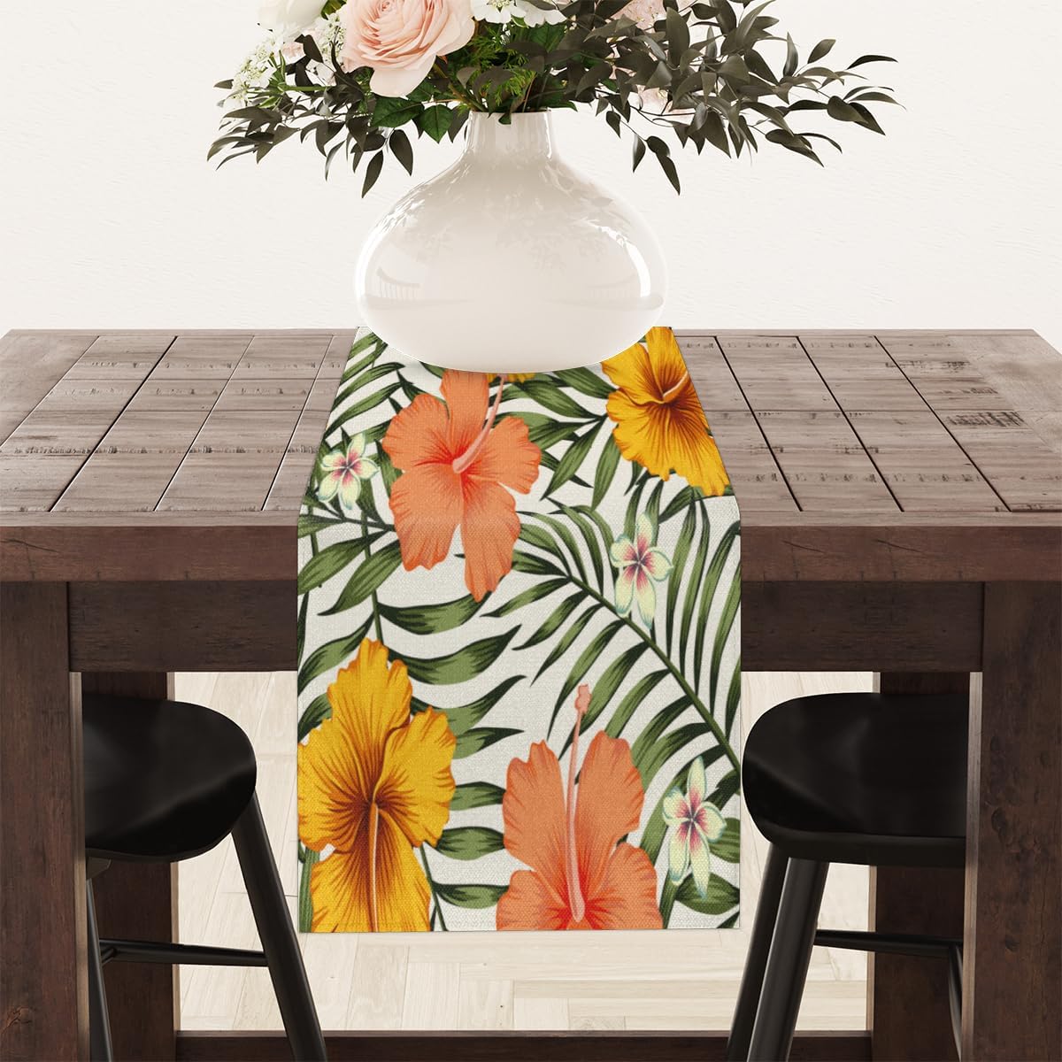 Table Runner Tropic Flowers Leaf, Autumn Rustic Linen Table Cloth Kitchen Dining Table Decor for Home Party 13 x 72 Inches