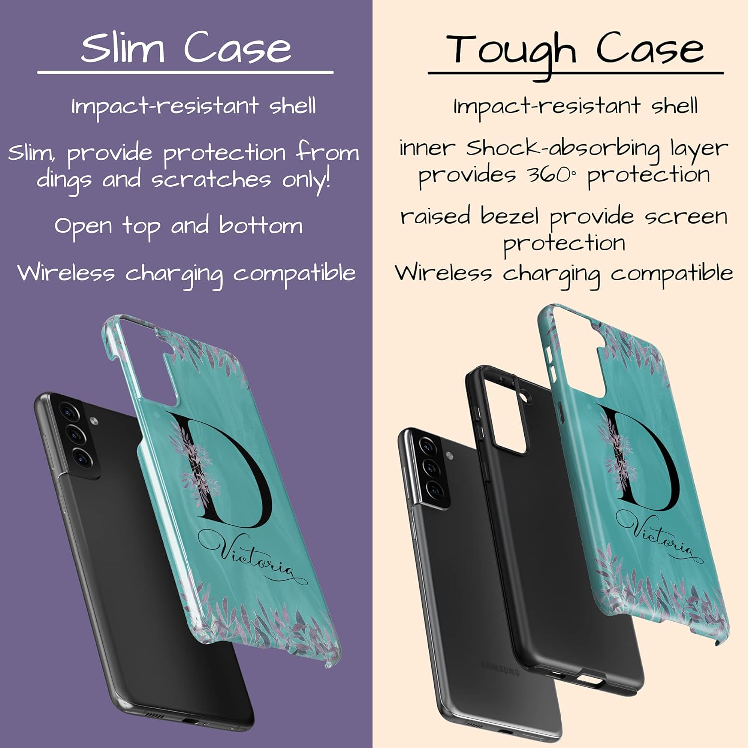 Funda con inicial de monograma verde azulado, diseño floral con nombre, diseñada para Samsung Galaxy S24 Plus, S23 Ultra, S22, S21, S20, S10, S10e,