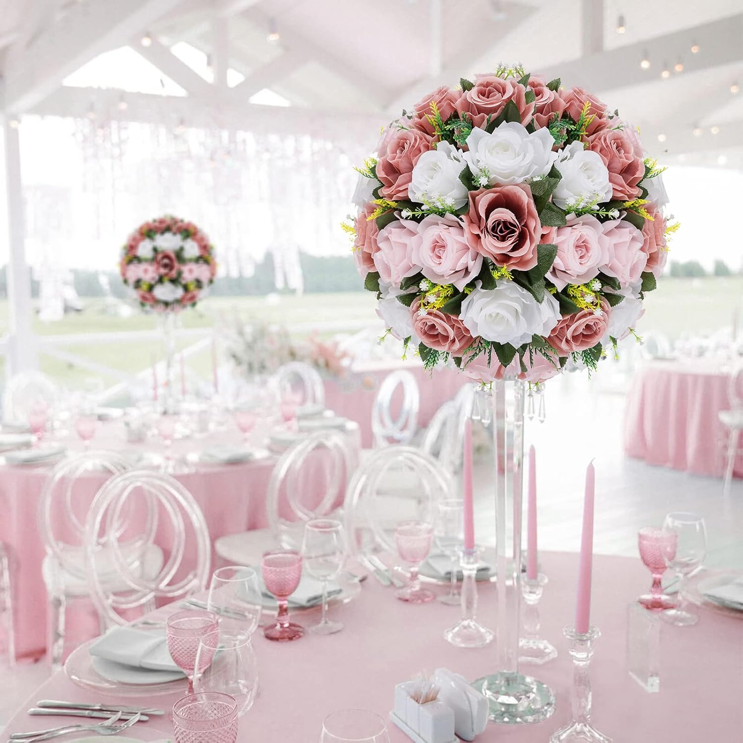 BLOSMON Centros de mesa de bola de flores falsas, 10 piezas de flores artificiales de 13.7 pulgadas, tamaño grande, color rosa polvoriento, arreglo