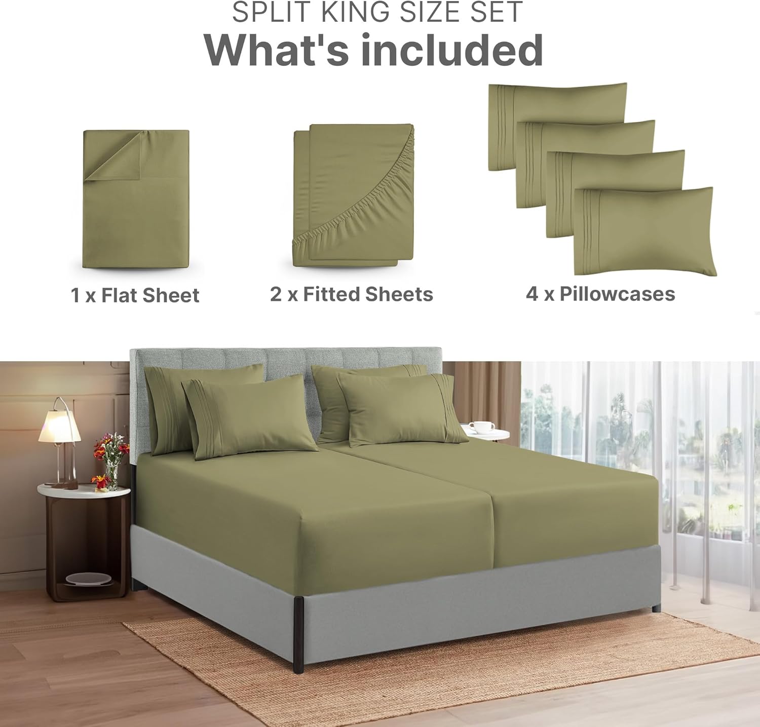 Sábanas de bolsillo extra profundas, juego de sábanas de 7 piezas, sábanas de tamaño King dividido, bolsillo profundo, sábanas de cama extra