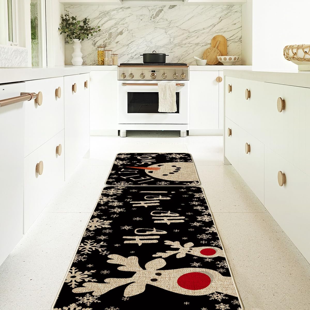 Artoid Mode Juego de 2 alfombrillas de cocina navideñas con diseño de muñeco de nieve, ciervo, con diseño de copos de nieve, decoración de invierno,