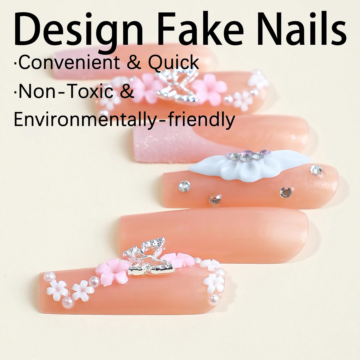 BABALAL Uñas postizas cuadradas a presión, uñas postizas largas con punta francesa rosa, uñas con pegamento en uñas 3D, diseño de mariposa,