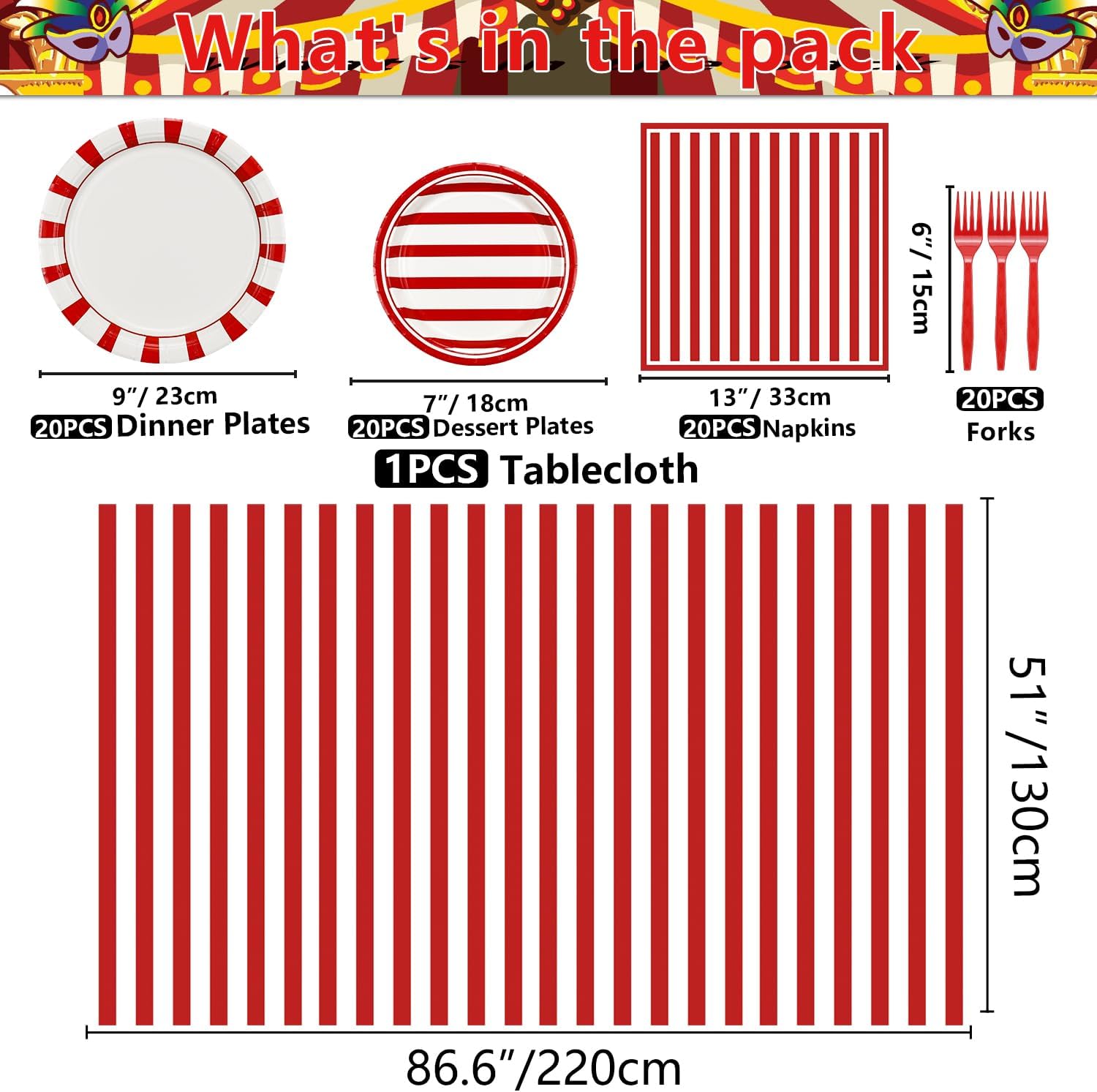 Suministros de fiesta de circo de carnaval, decoraciones de fiesta de tiras rojas y blancas, 81 piezas, incluye platos, servilletas, mantel de