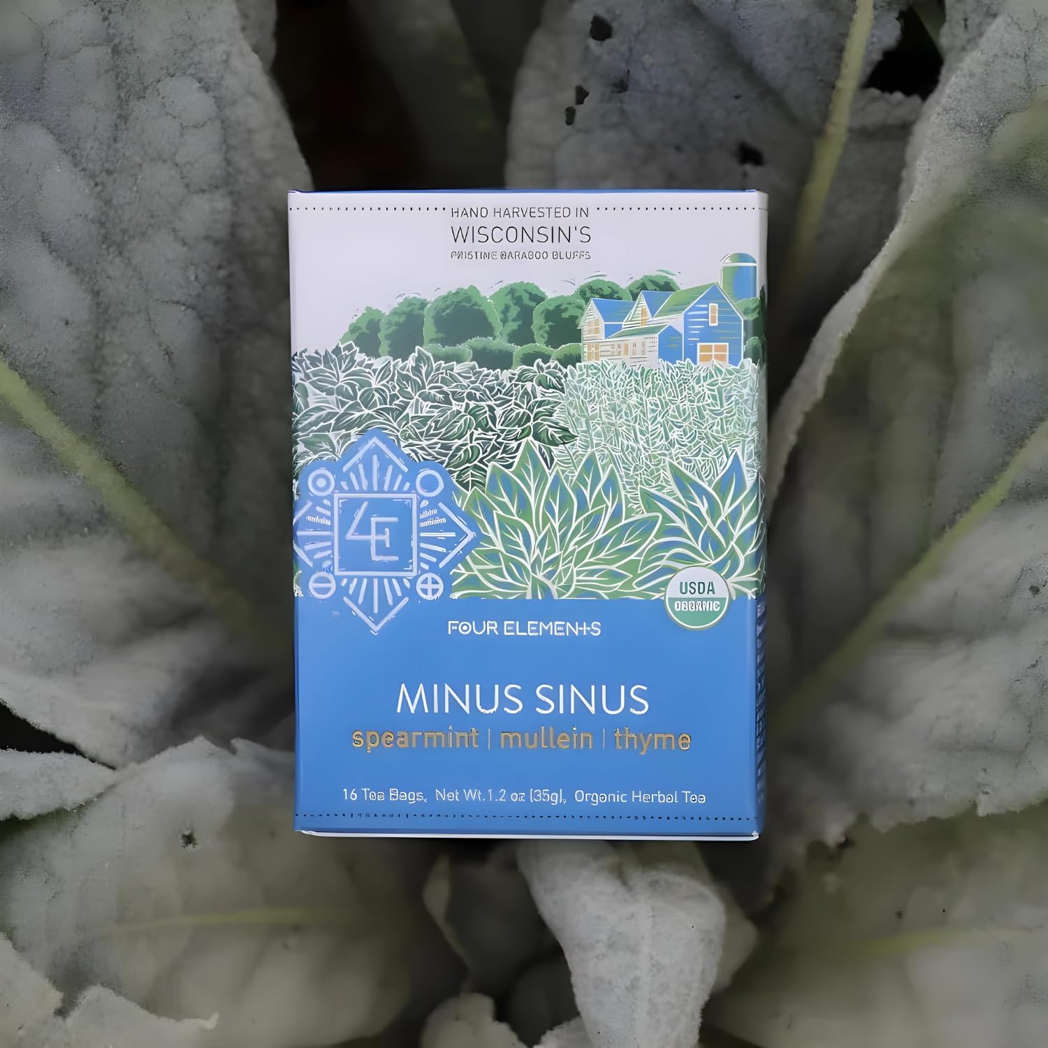 Four Elements 4E Minus Sinus Tea – Té de hierbas orgánicas, mezclado deliciosamente con menta verde, gordolobo y tomillo -16 bolsitas de té, 1.2 oz