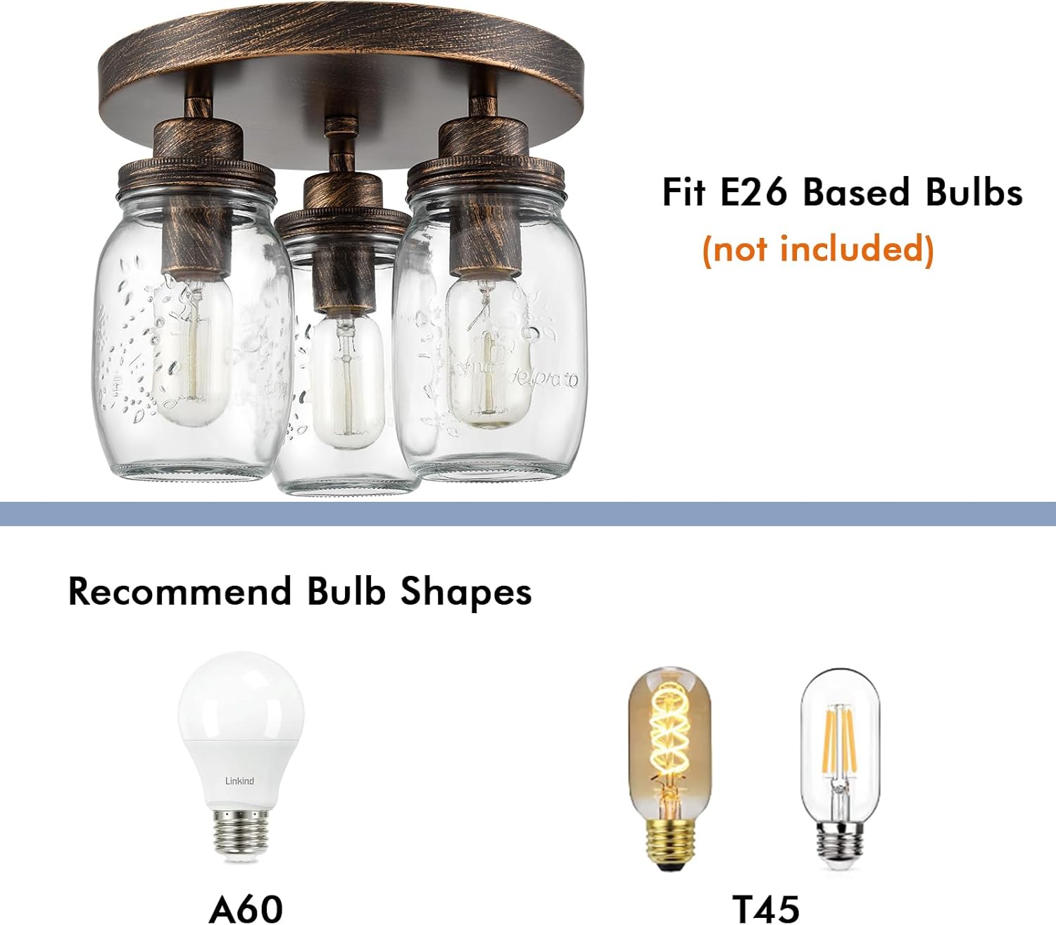 CLAXY Mason Jar – Lámpara de techo de 3 luces estilo granja de montaje empotrado para cocina, dormitorio, comedor, color negro con latón cepillado