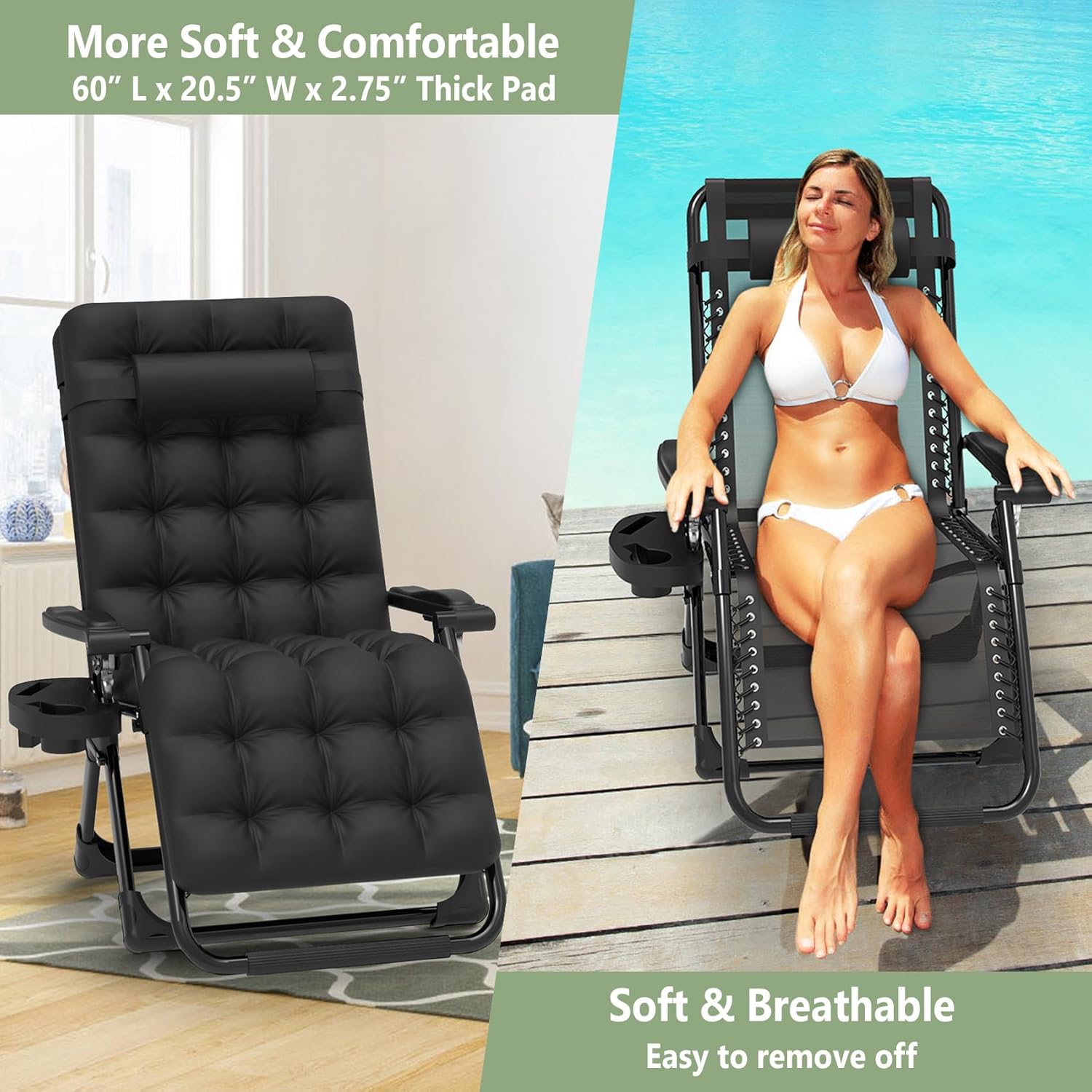 Slendor Zero Gravity – Silla reclinable con bloqueo mejorado y cojín extraíble, silla de campamento reclinable con bandeja portavasos, reposacabezas