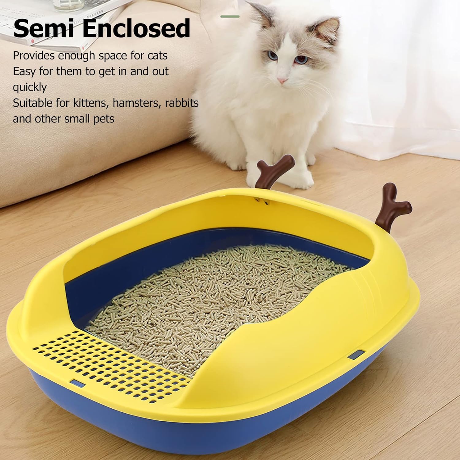 Caja de arena abierta para gatos, sartén a prueba de salpicaduras, bandeja de arena para gatitos, semicerrada, gran espacio, inodoro con pala para