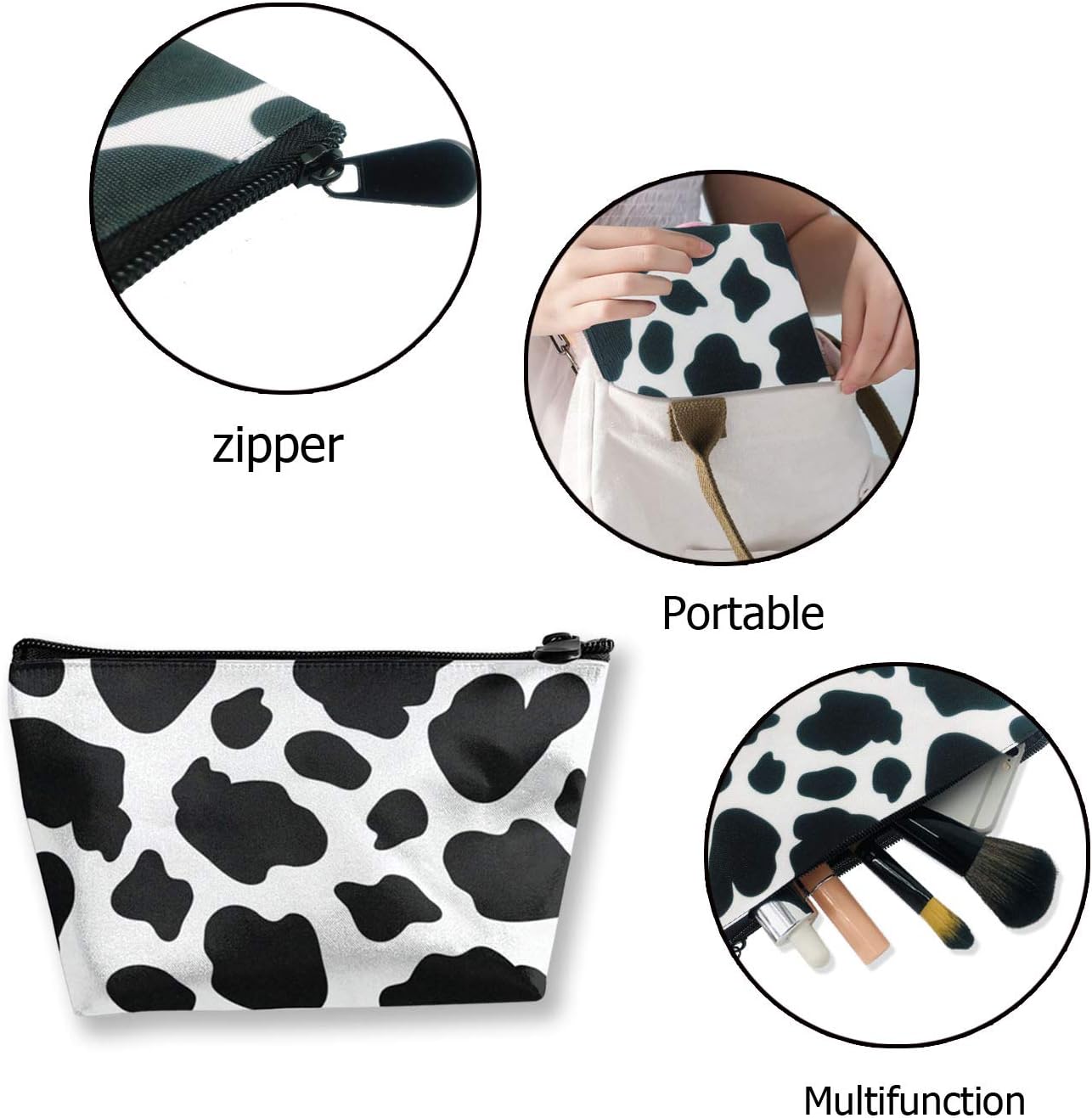MSGUIDE Bolsa de cosméticos con estampado de vaca, bolsa de maquillaje portátil de viaje, neceser de maquillaje, organizador de accesorios,