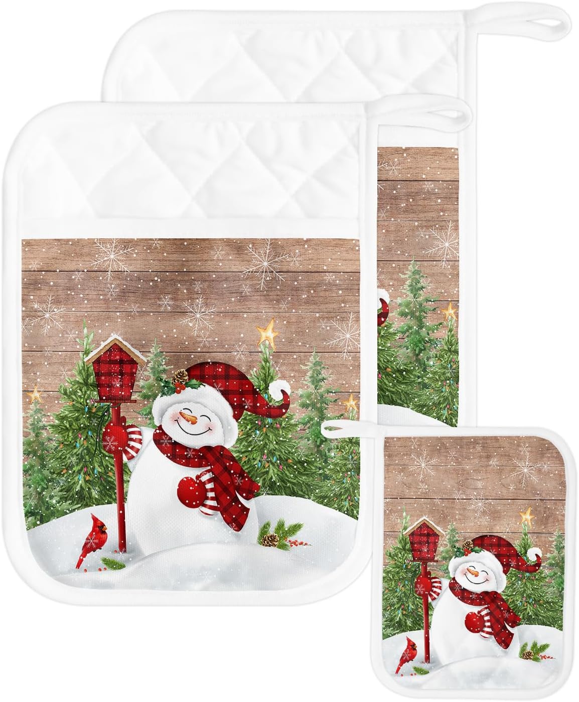 Farmhouse Snowman 2Pcs Pot Holders for Kitchen,Non Slip & Heat Insulation Terry Cloth Potholder Set with Pocket,Thick Hot Pad Oven Mitts Trivet