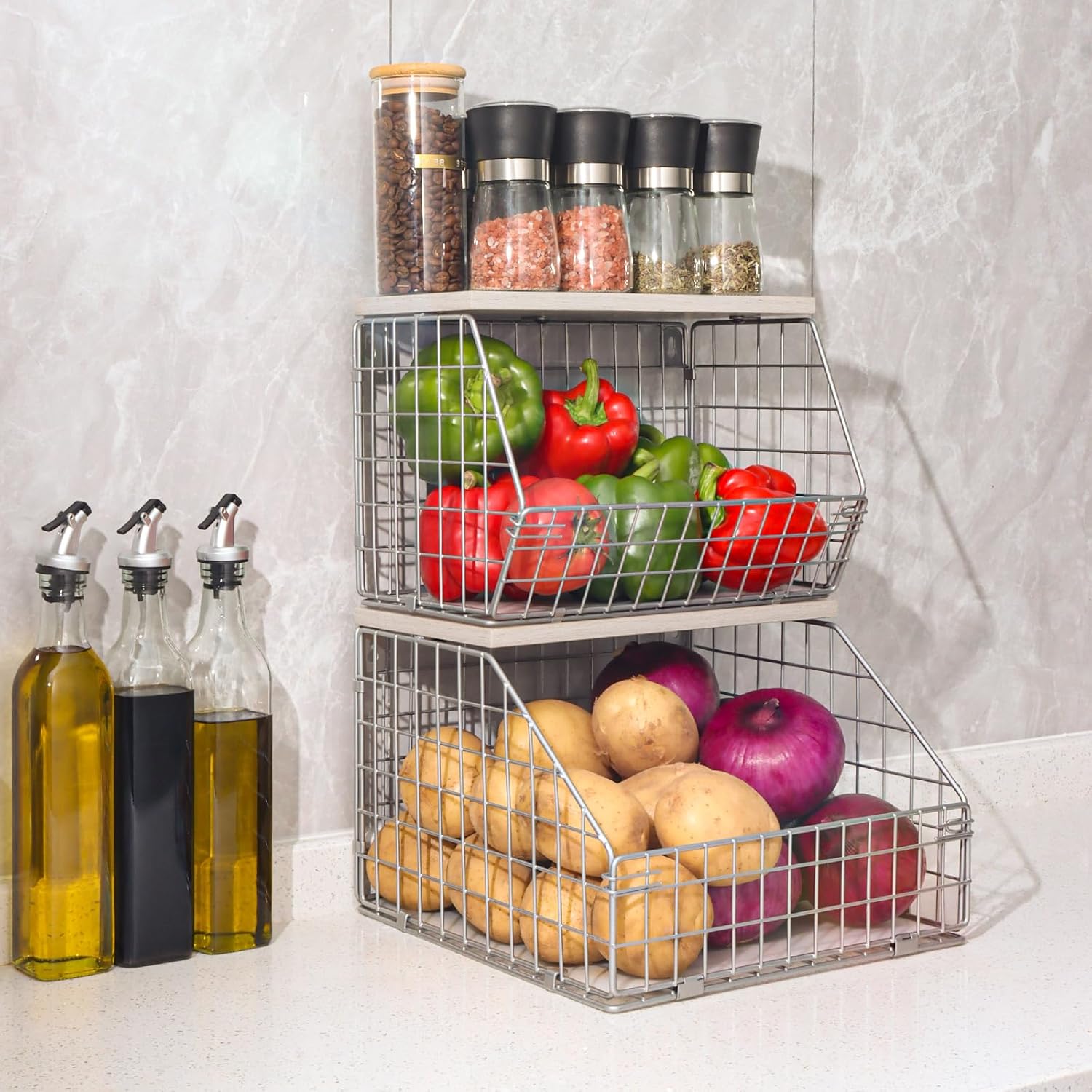 Cesta de frutas plateada, apilable para montar en la pared, cesta de almacenamiento con tapa de madera, cesta de alambre colgante de cocina para