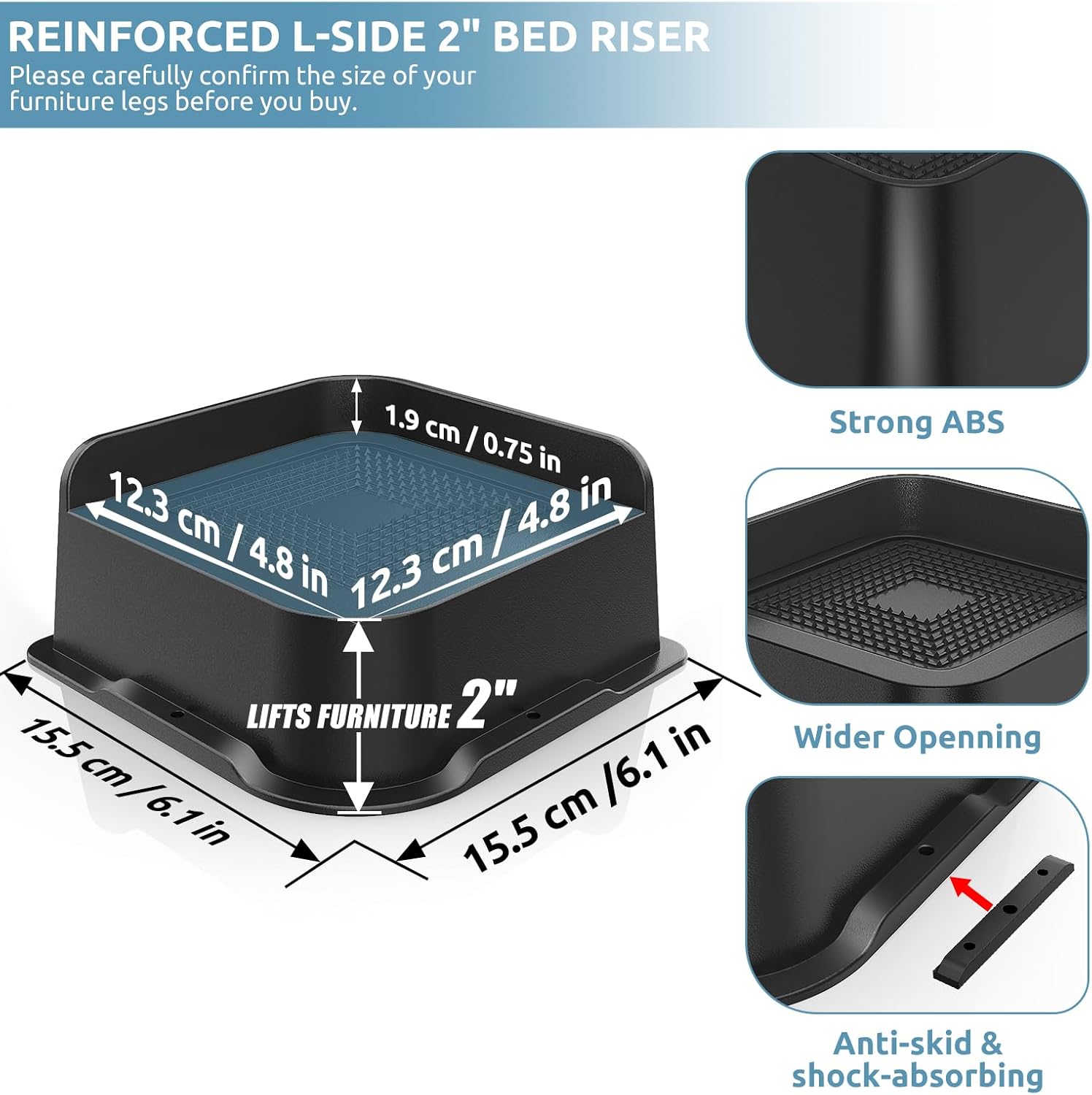 Elevadores de cama de 2 pulgadas, resistentes, 4.8 x 4.8 pulgadas de ancho en forma de L, elevadores de cama de gran tamaño, soportan hasta 5000