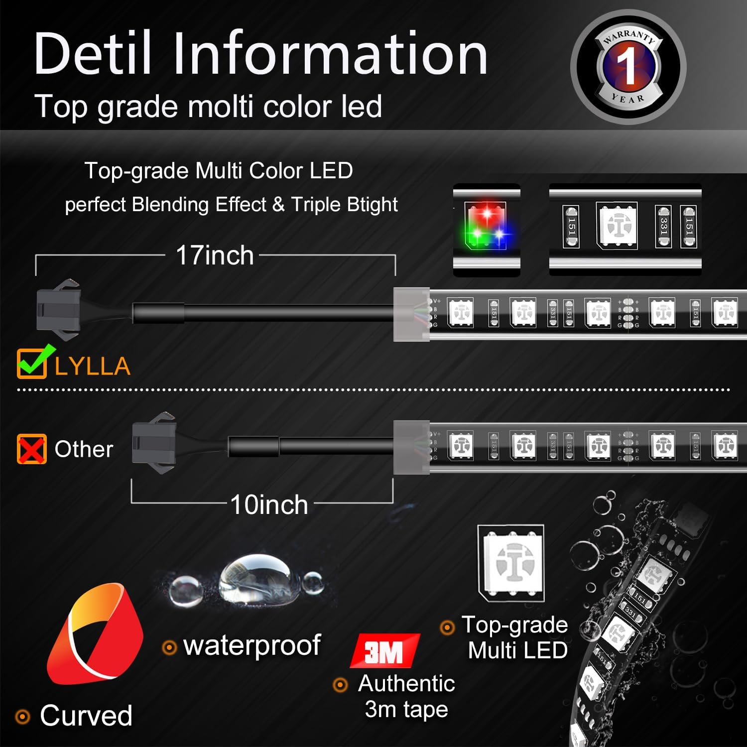 SUNPIE Kit de luces LED para motocicleta con freno y señal de giro, tiras LED multicolor para motocicleta con controles APPIFRF y cables de