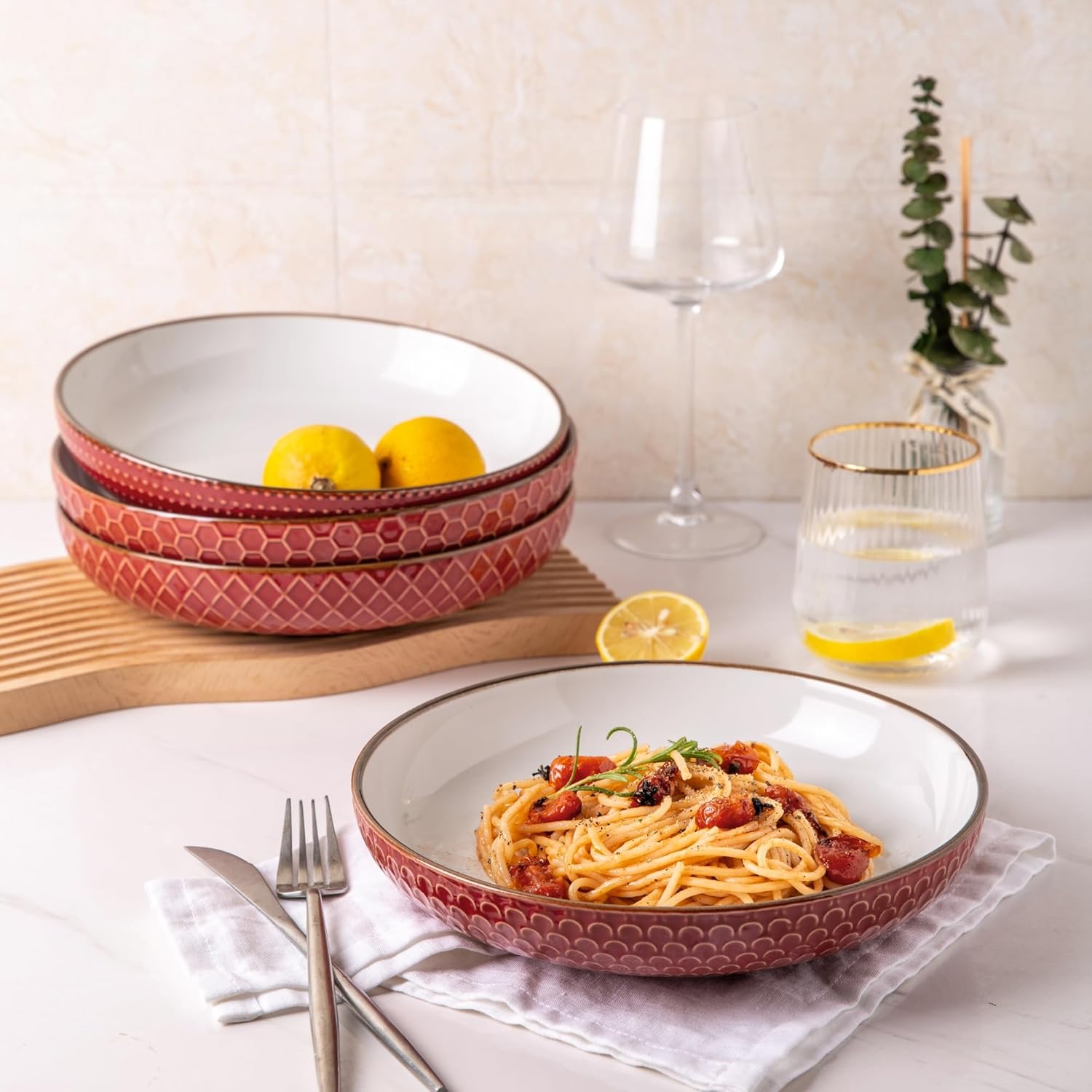Tazones grandes para pasta de 9.5 pulgadas, cuencos de cerámica de 42 onzas para cocina, cuencos de cerámica con patrón texturizado para pasta,