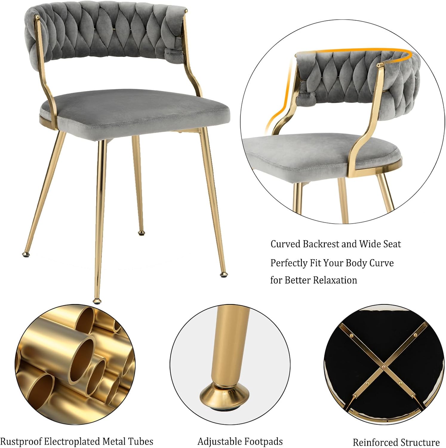 UJOYPAYD Juego de 2 sillas de comedor de terciopelo, sillas tapizadas para sala de estar con patas de metal dorado, sillas de comedor de terciopelo