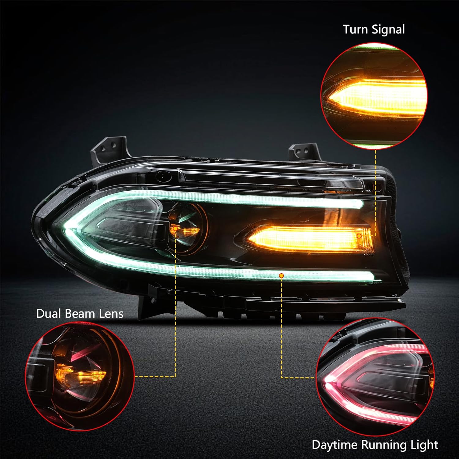 IKON MOTORSPRTS, faros delanteros de proyector compatibles con Dodge Charger 2015-2023, luces de circulación diurna DRL lado izquierdo y derecho,