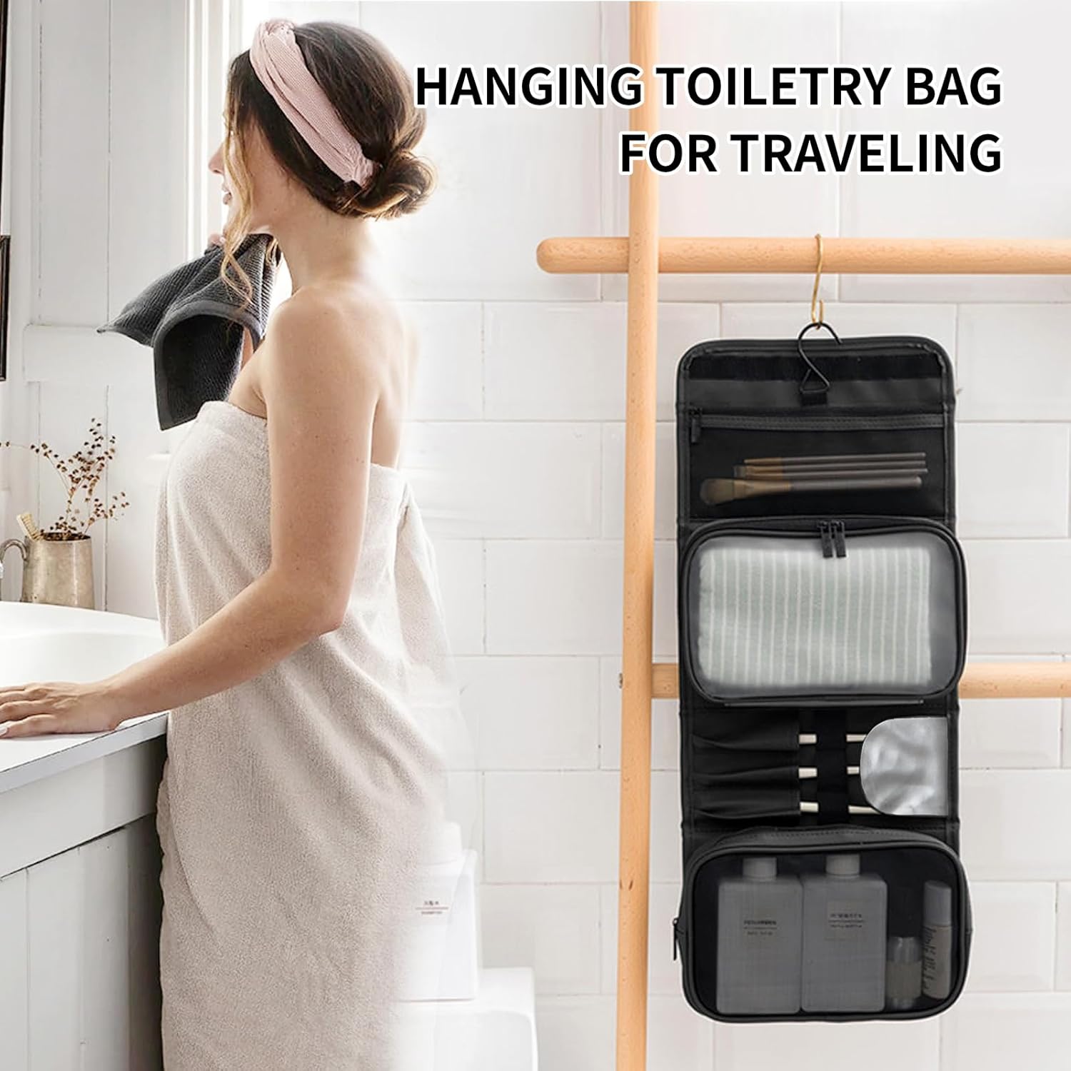 Neceser colgante de viaje para mujer, con capacidad para champú de tamaño completo, con compartimento organizador de joyas, Negro -, Viajes