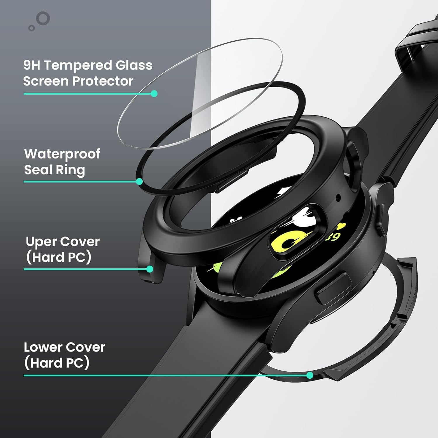 Goton – Funda impermeable para Samsung Galaxy Watch 5 4 de 1.575 pulgadas, protección de 360 de policarbonato duro delantero y trasero con protector