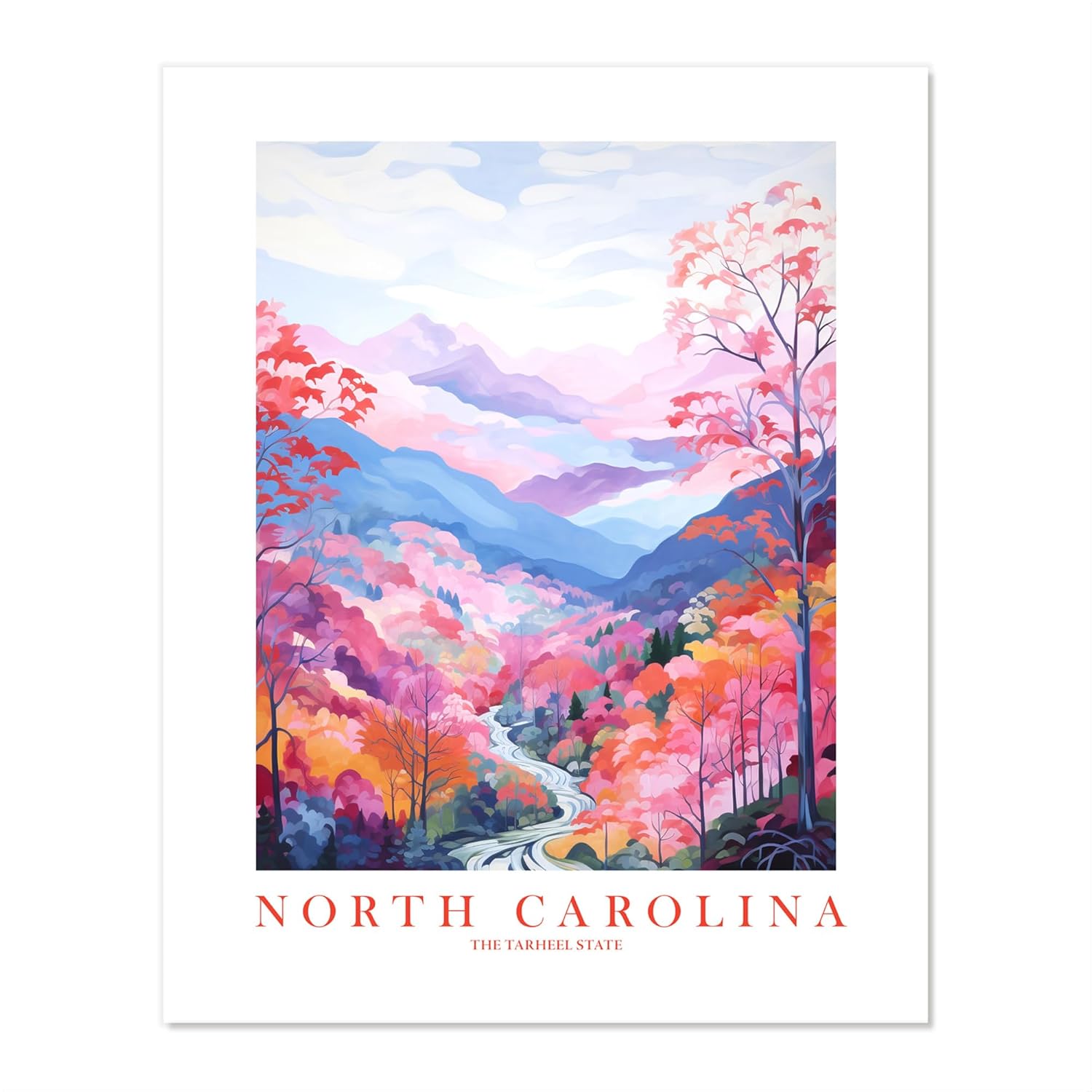 North Carolina Travel Print Tarheel State Souvenir NC Nature Pink Orange Blue Wall Art Landscape Poster Scenic Vista (13×19 inches)