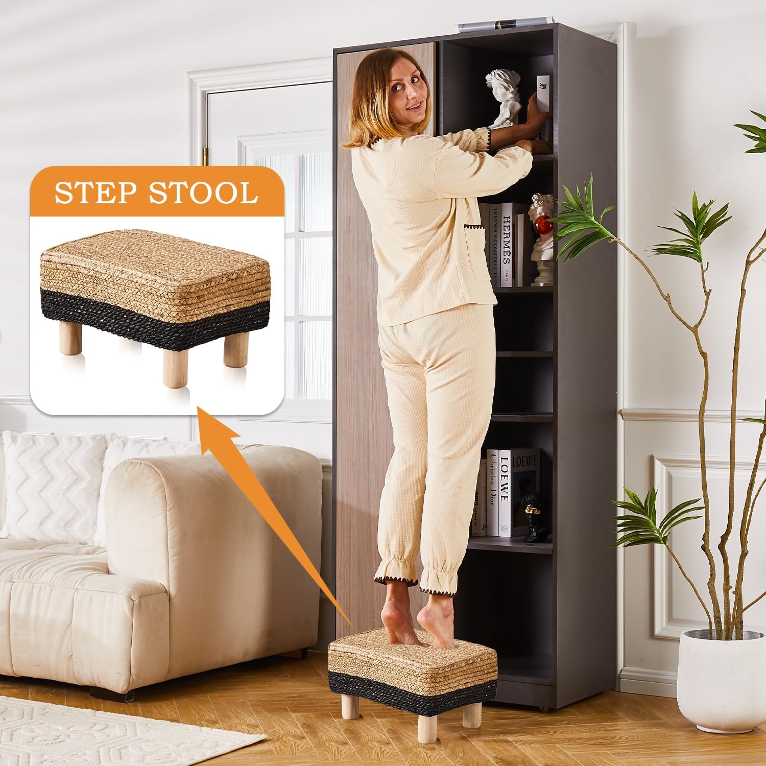 Cpintltr Taburete otomano rectangular, reposapiés, otomano, reposapiés natural de algas marinas con patas de madera, taburete tejido a mano para