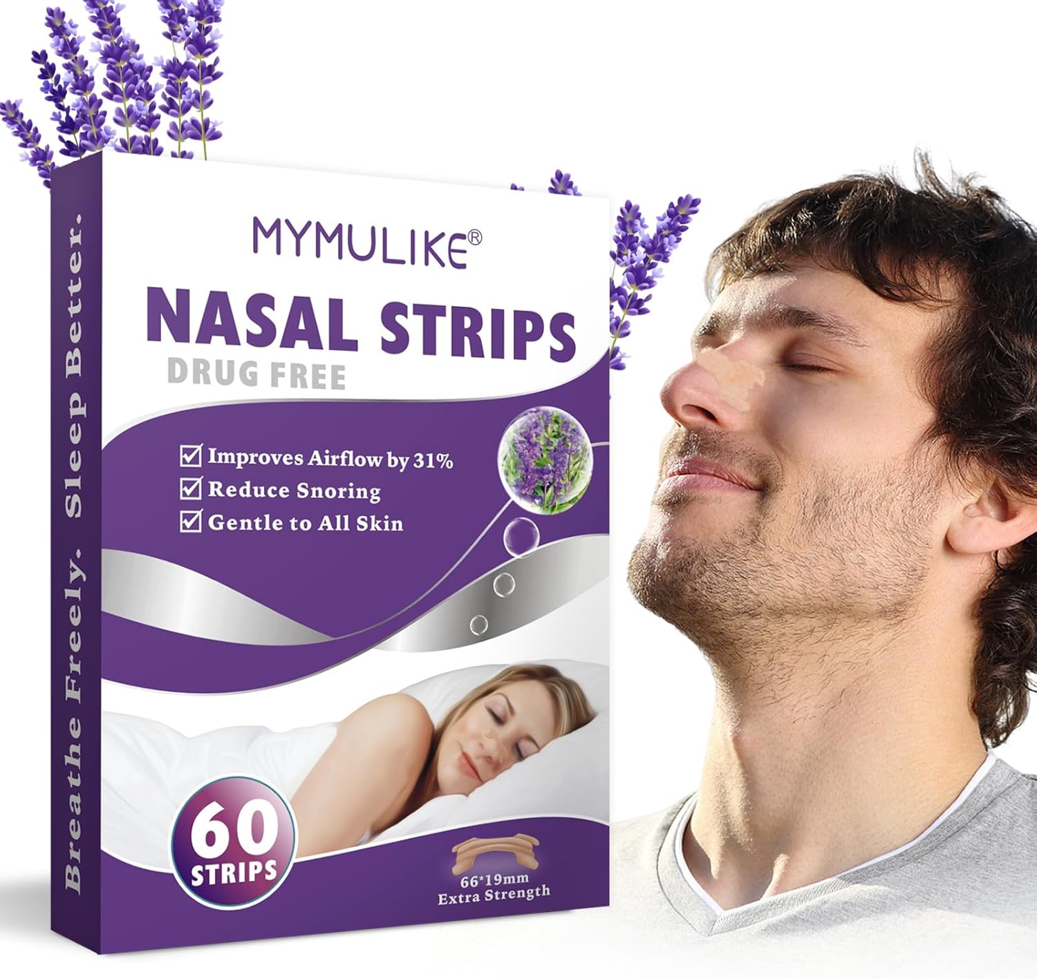 MYMULIKE Tiras nasales para ronquidos, 60 tiras nasales de lavanda para dormir, tiras nasales antironquidos, solución para ronquidos, tiras de sueño