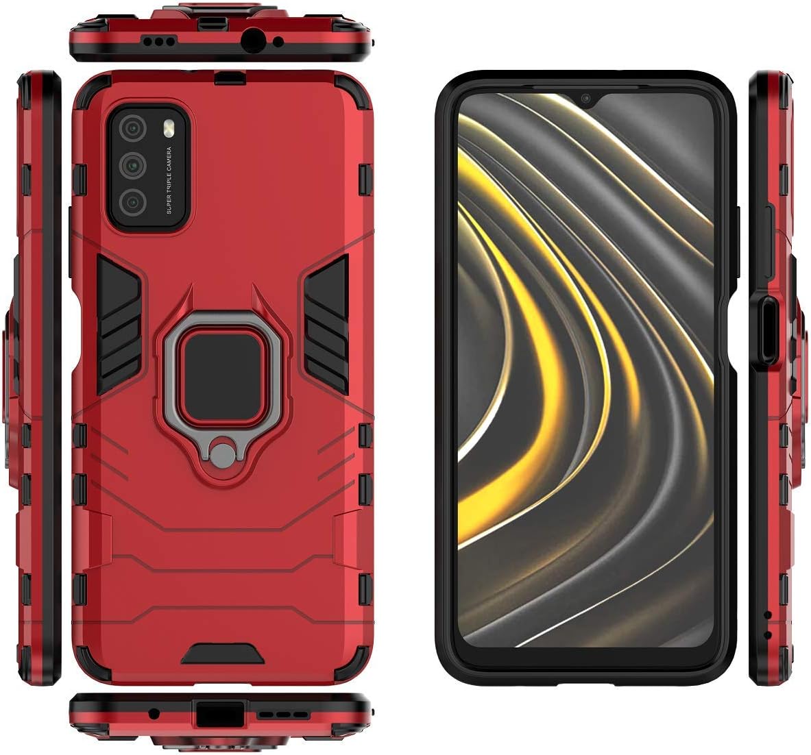 Funda para Xiaomi Poco M3 Caso, Funda con soporte para Xiaomi Poco M3 M2010J19CG M2010J19C9Redmi Note 9 4G M2010J19CT Case Rojo