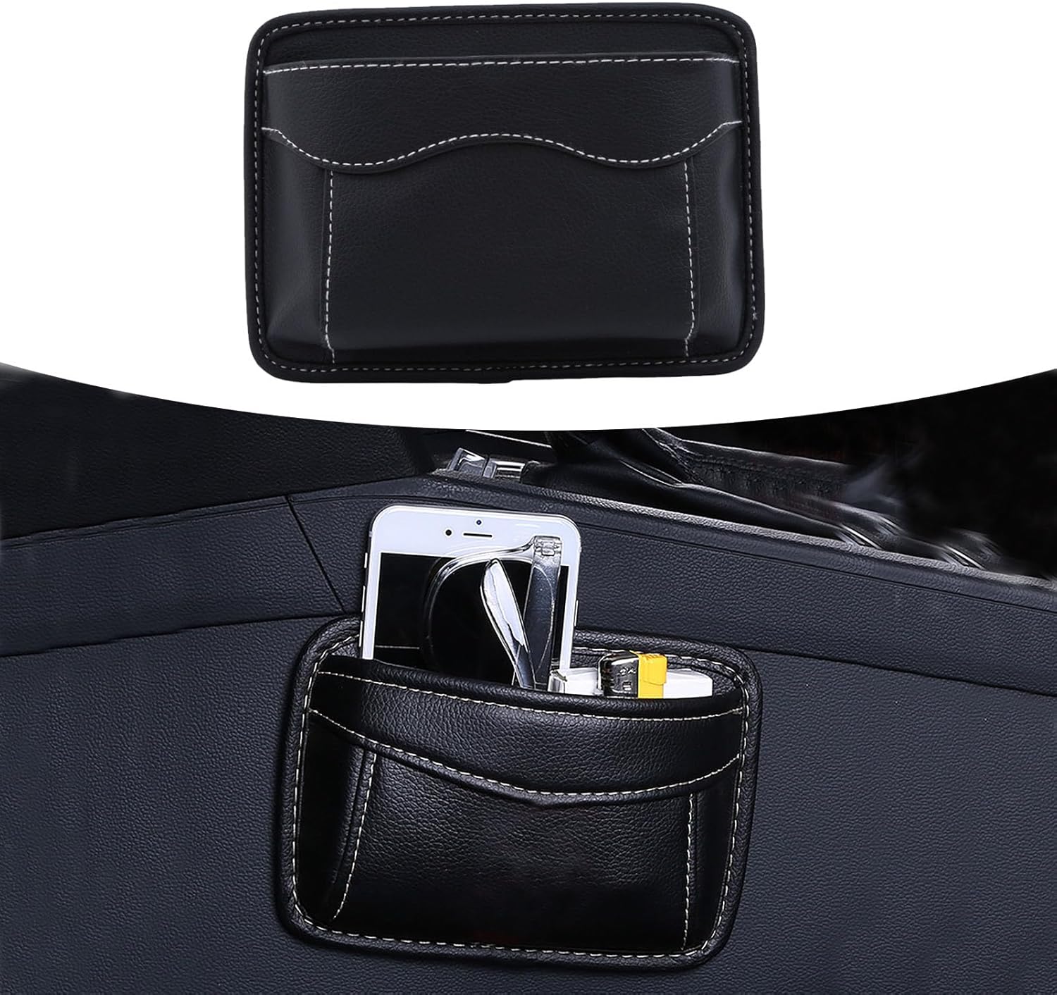 1 organizador de bolsillo lateral para automóvil, bolsillos de almacenamiento de cuero sintético, bolsa adhesiva para colgar en el tablero de